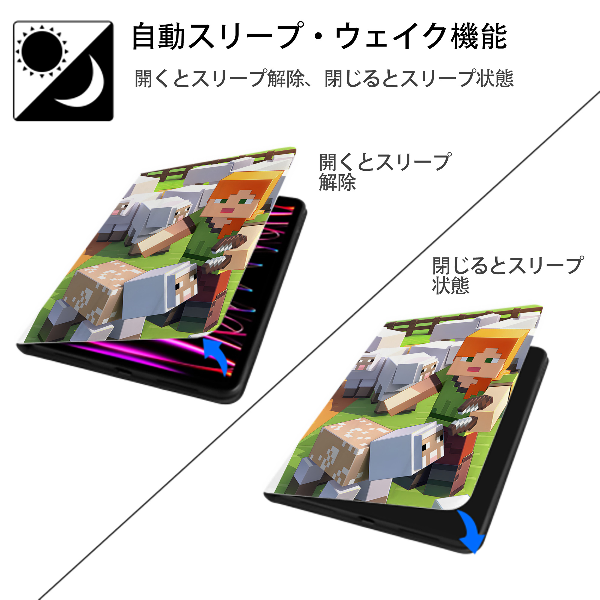 マインクラフト ブロックの世界 Minecraft MC Block world IPad ケース ペン収納付き 三つ折りスタンド PUレザー×シリコン 対応機種9.5/10.5/10.9インチ