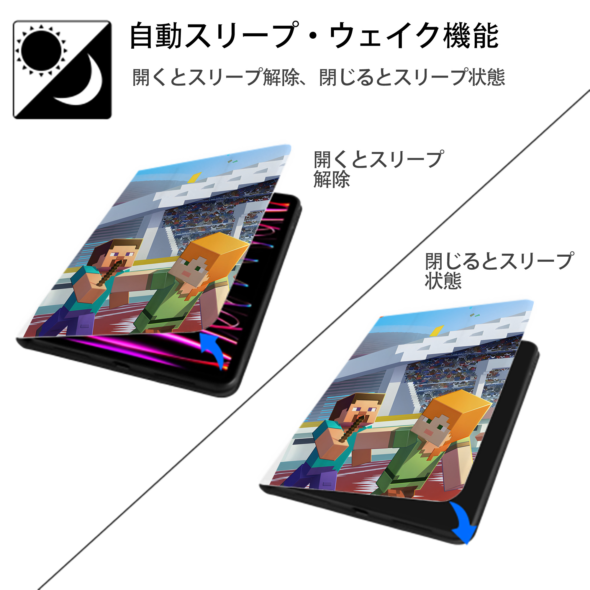 マインクラフト ブロックの世界 Minecraft MC Block world IPad ケース ペン収納付き 三つ折りスタンド PUレザー×シリコン 対応機種9.5/10.5/10.9インチ