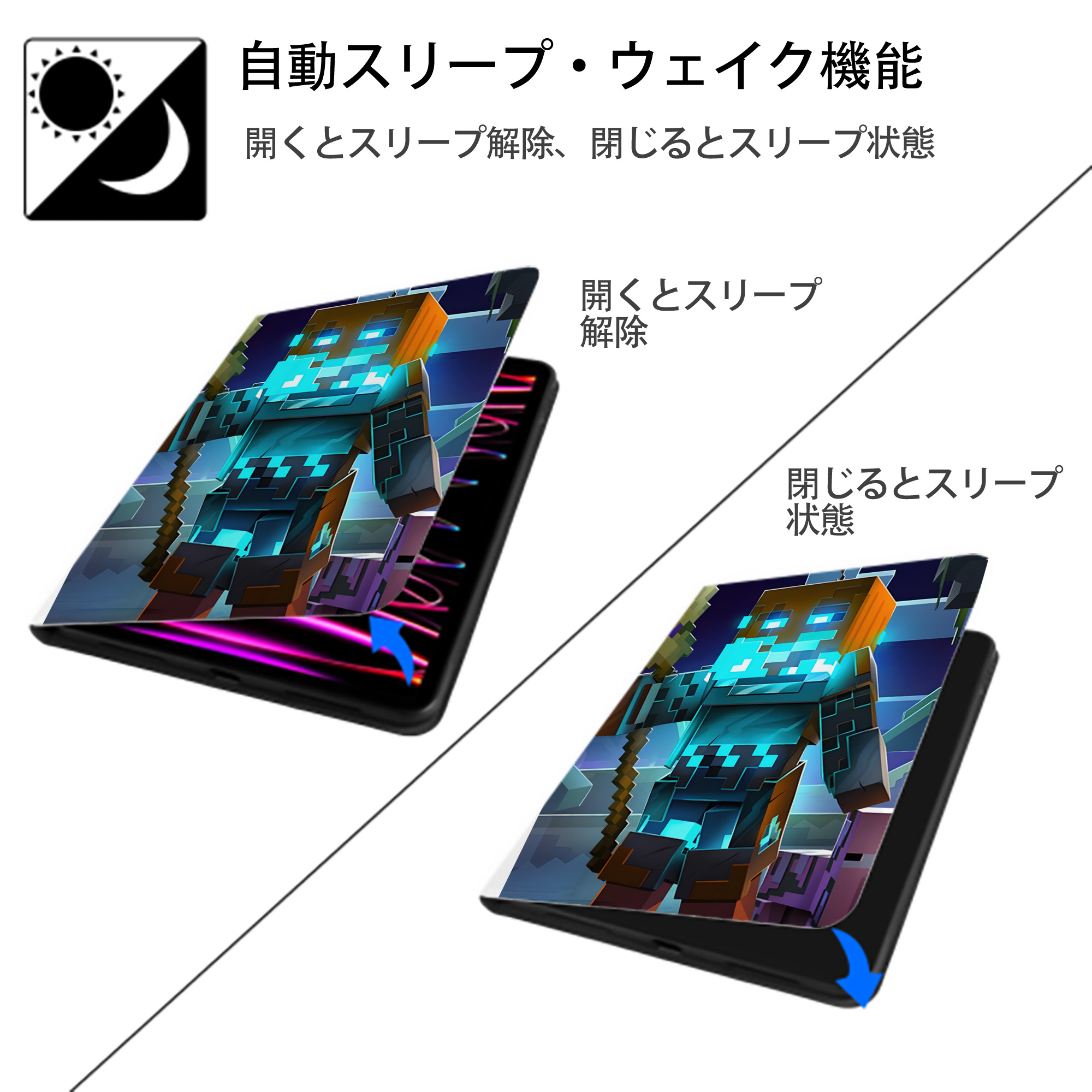 マインクラフト ブロックの世界 Minecraft MC Block world IPad ケース ペン収納付き 三つ折りスタンド PUレザー×シリコン 対応機種9.5/10.5/10.9インチ