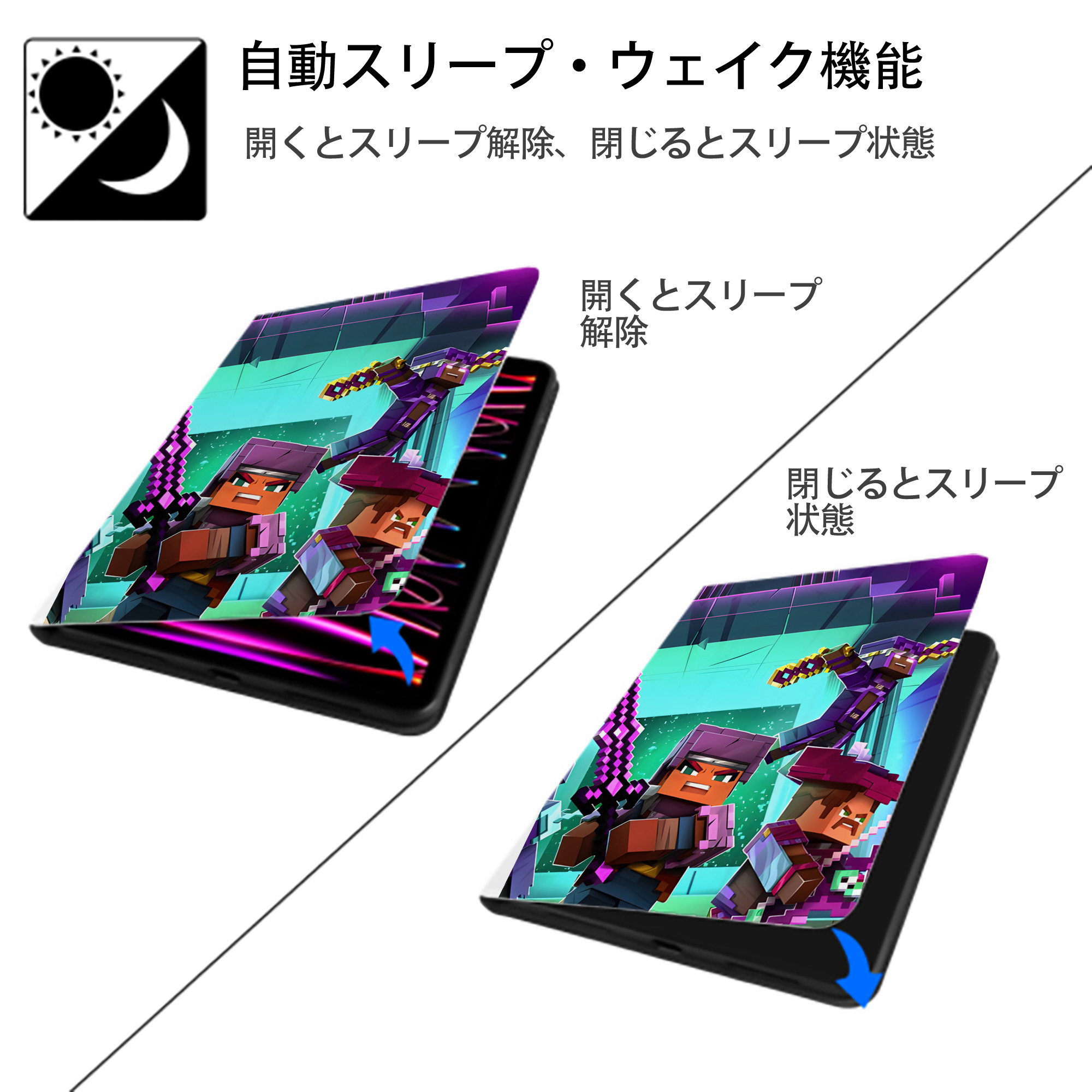 マインクラフト ブロックの世界 Minecraft MC Block world IPad ケース ペン収納付き 三つ折りスタンド PUレザー×シリコン 対応機種9.5/10.5/10.9インチ