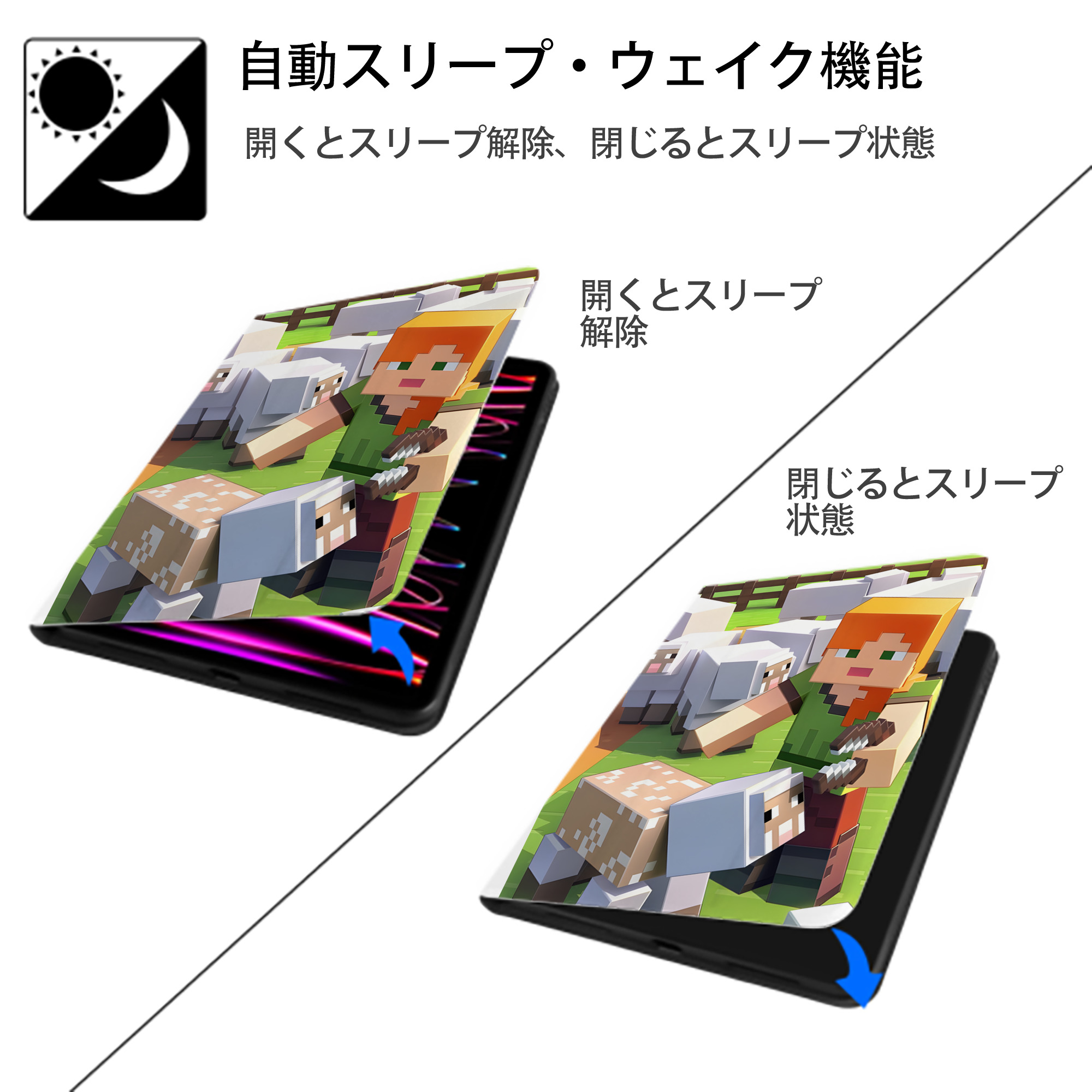 マインクラフト ブロックの世界 Minecraft MC Block world IPad ケース ペン収納付き 三つ折りスタンド PUレザー×シリコン 対応機種9.5/10.5/10.9インチ