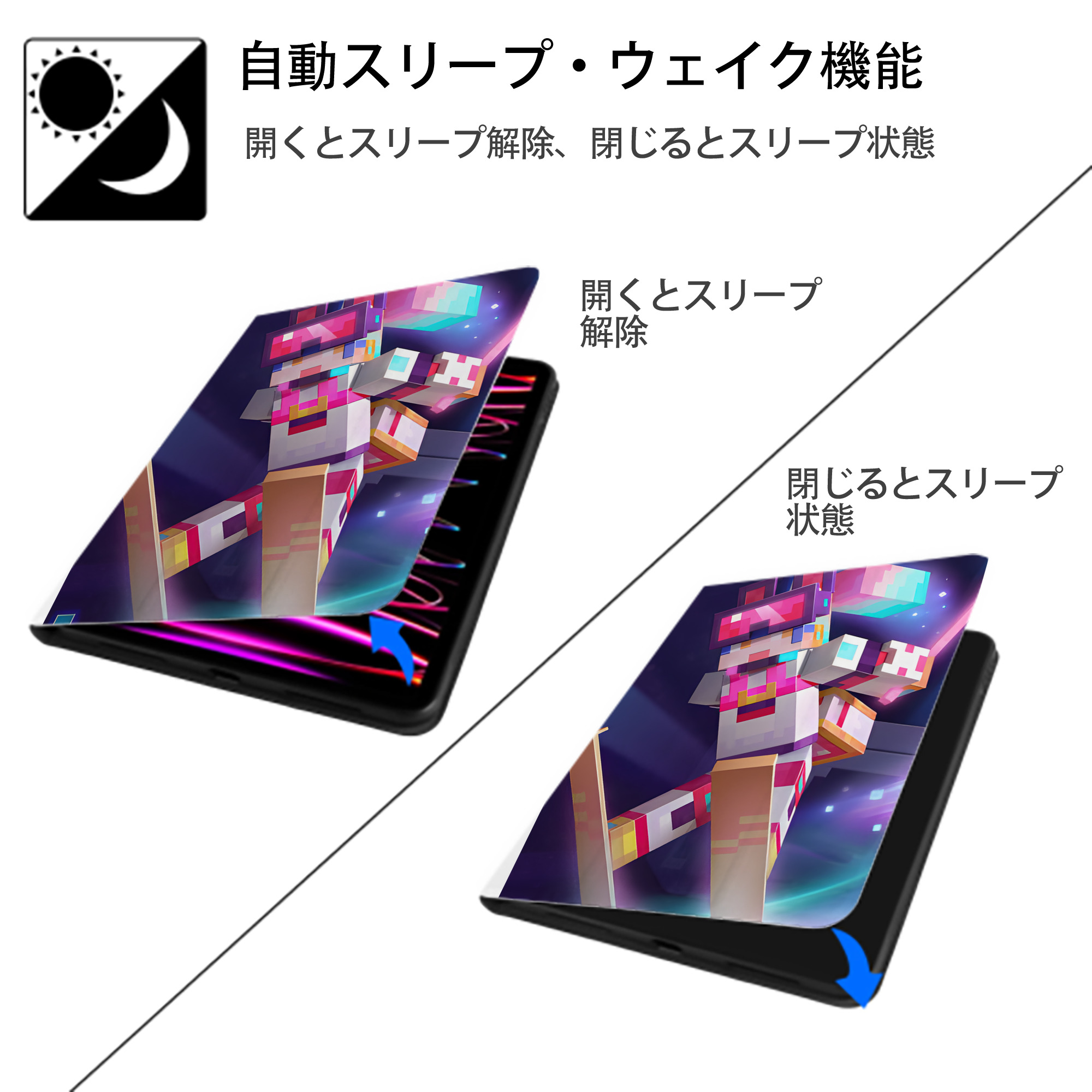 マインクラフト ブロックの世界 Minecraft MC Block world IPad ケース ペン収納付き 三つ折りスタンド PUレザー×シリコン 対応機種9.5/10.5/10.9インチ