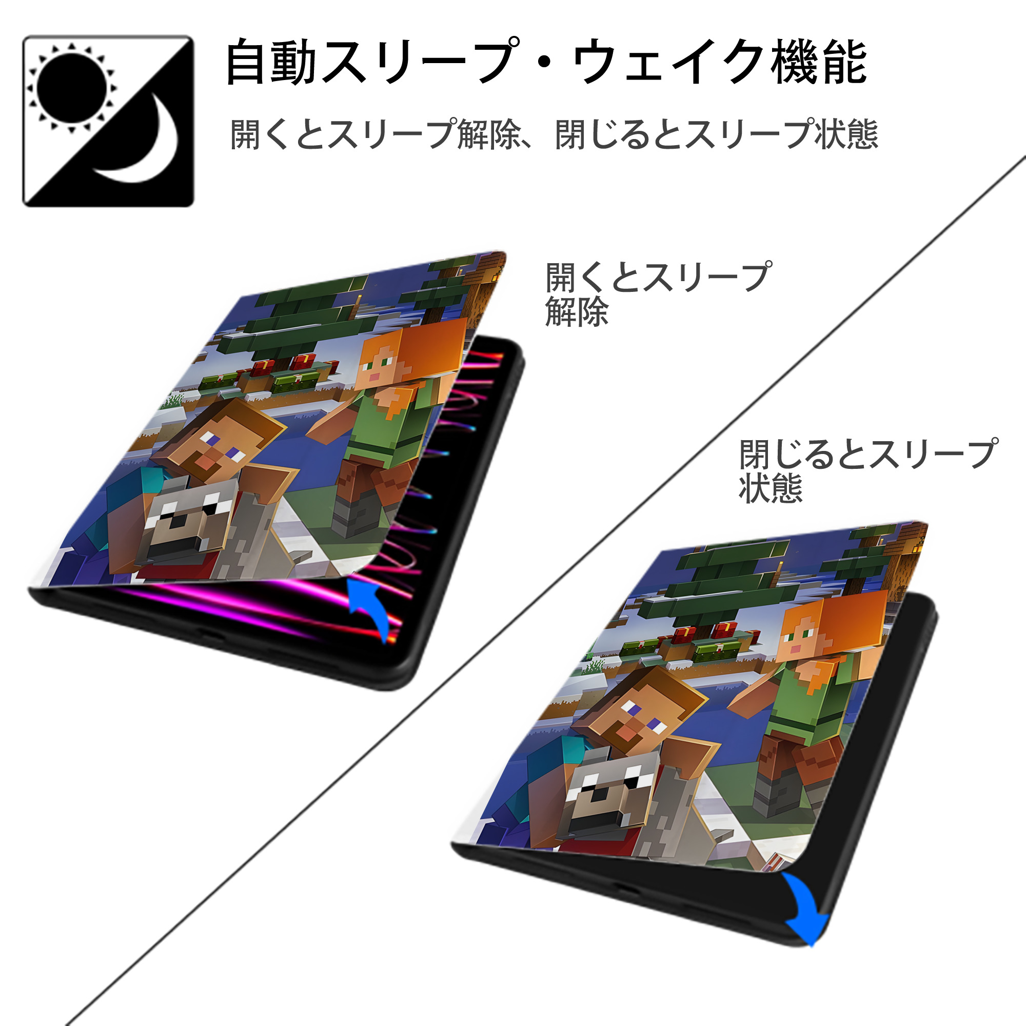 マインクラフト ブロックの世界 Minecraft MC Block world IPad ケース ペン収納付き 三つ折りスタンド PUレザー×シリコン 対応機種9.5/10.5/10.9インチ