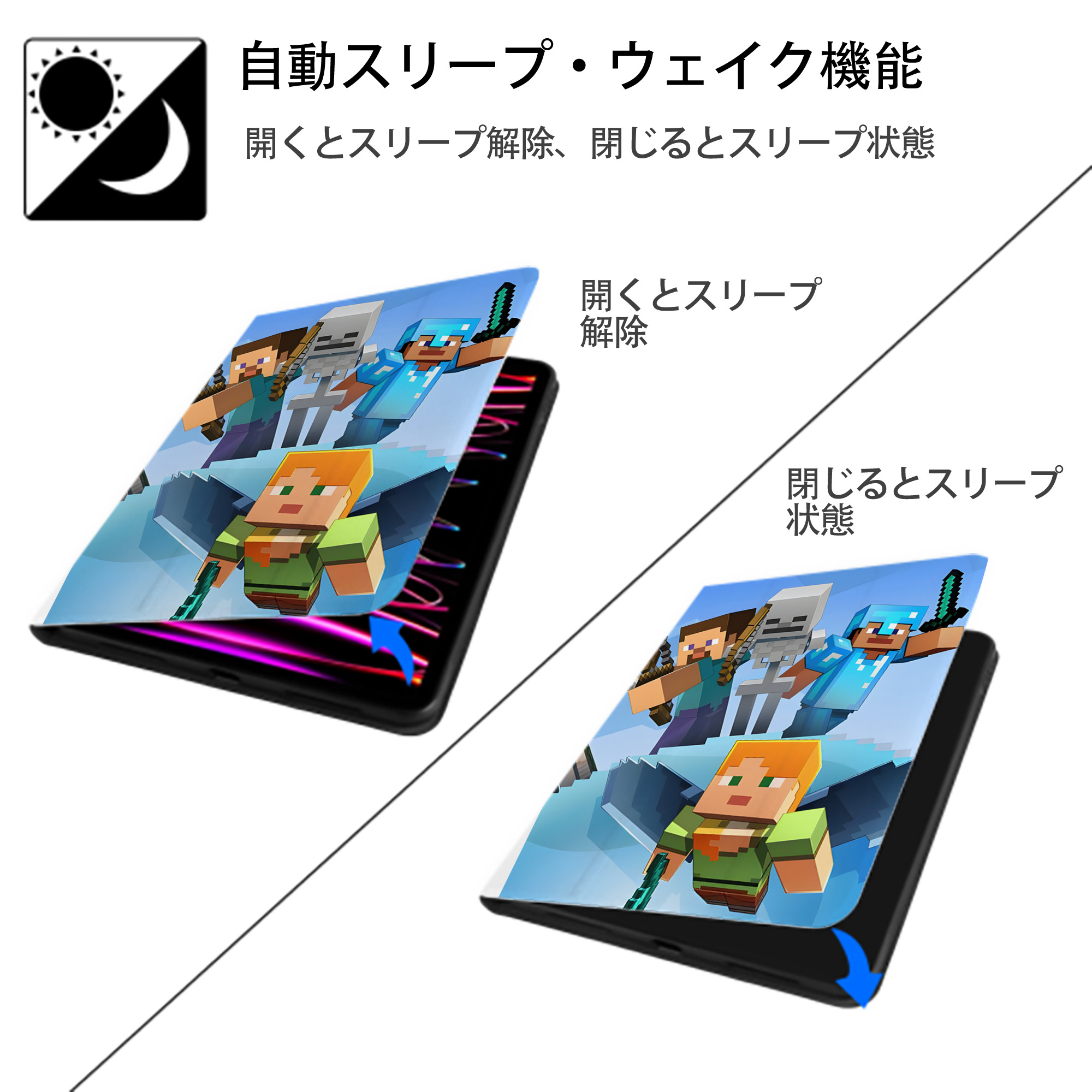 マインクラフト ブロックの世界 Minecraft MC Block world IPad ケース ペン収納付き 三つ折りスタンド PUレザー×シリコン 対応機種9.5/10.5/10.9インチ