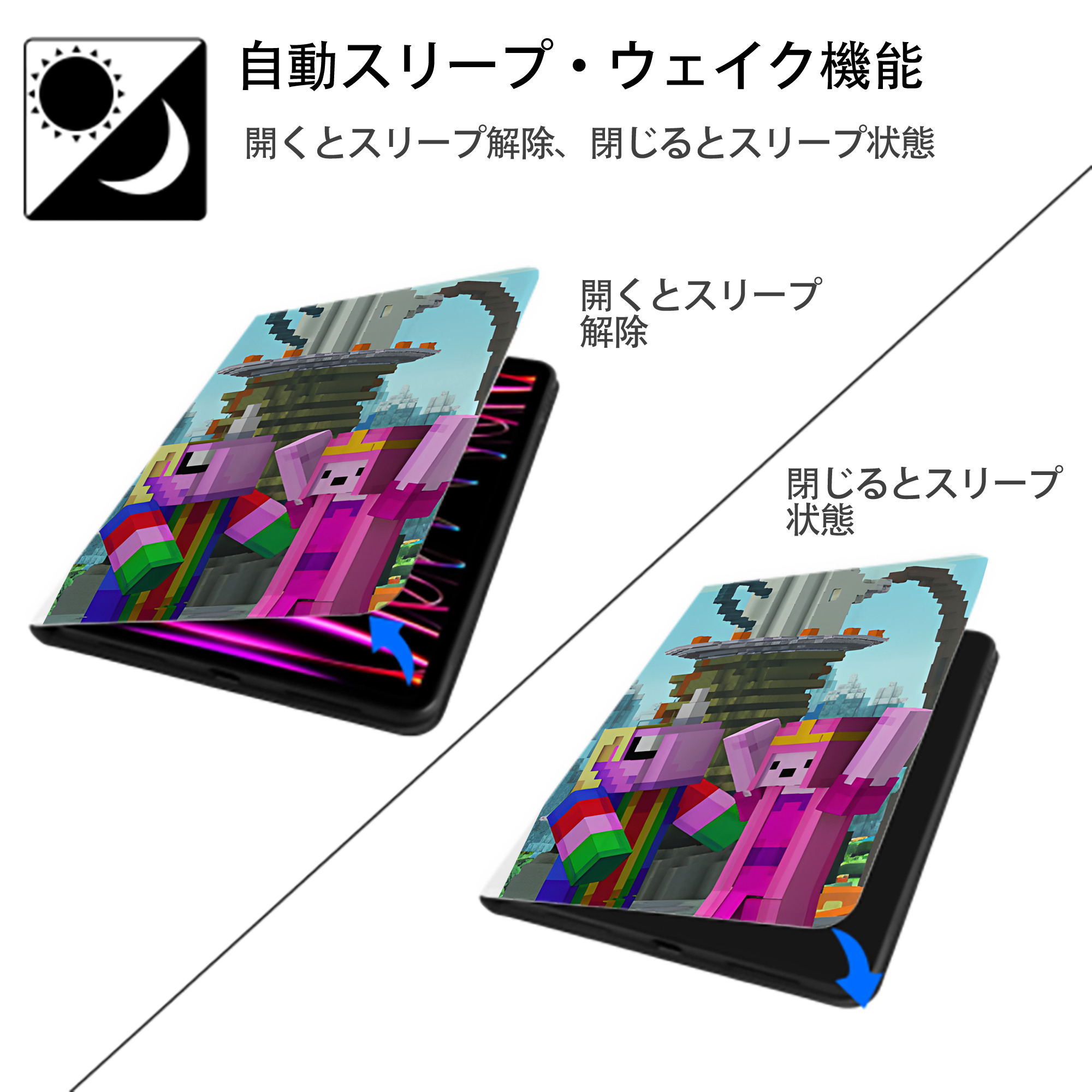 マインクラフト ブロックの世界 Minecraft MC Block world IPad ケース ペン収納付き 三つ折りスタンド PUレザー×シリコン 対応機種9.5/10.5/10.9インチ