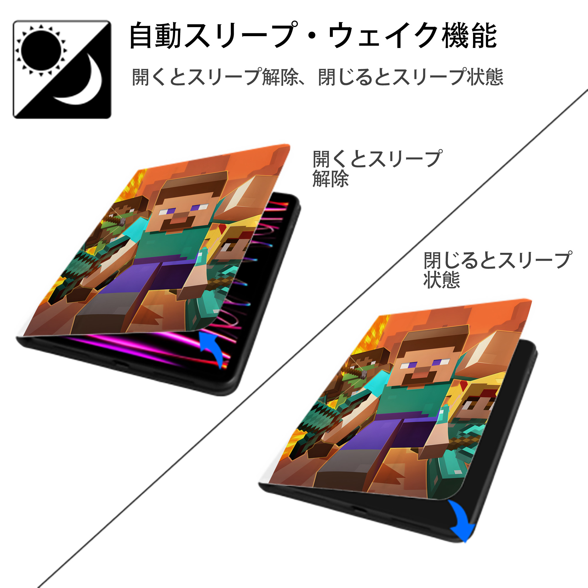 マインクラフト ブロックの世界 Minecraft MC Block world IPad ケース ペン収納付き 三つ折りスタンド PUレザー×シリコン 対応機種9.5/10.5/10.9インチ