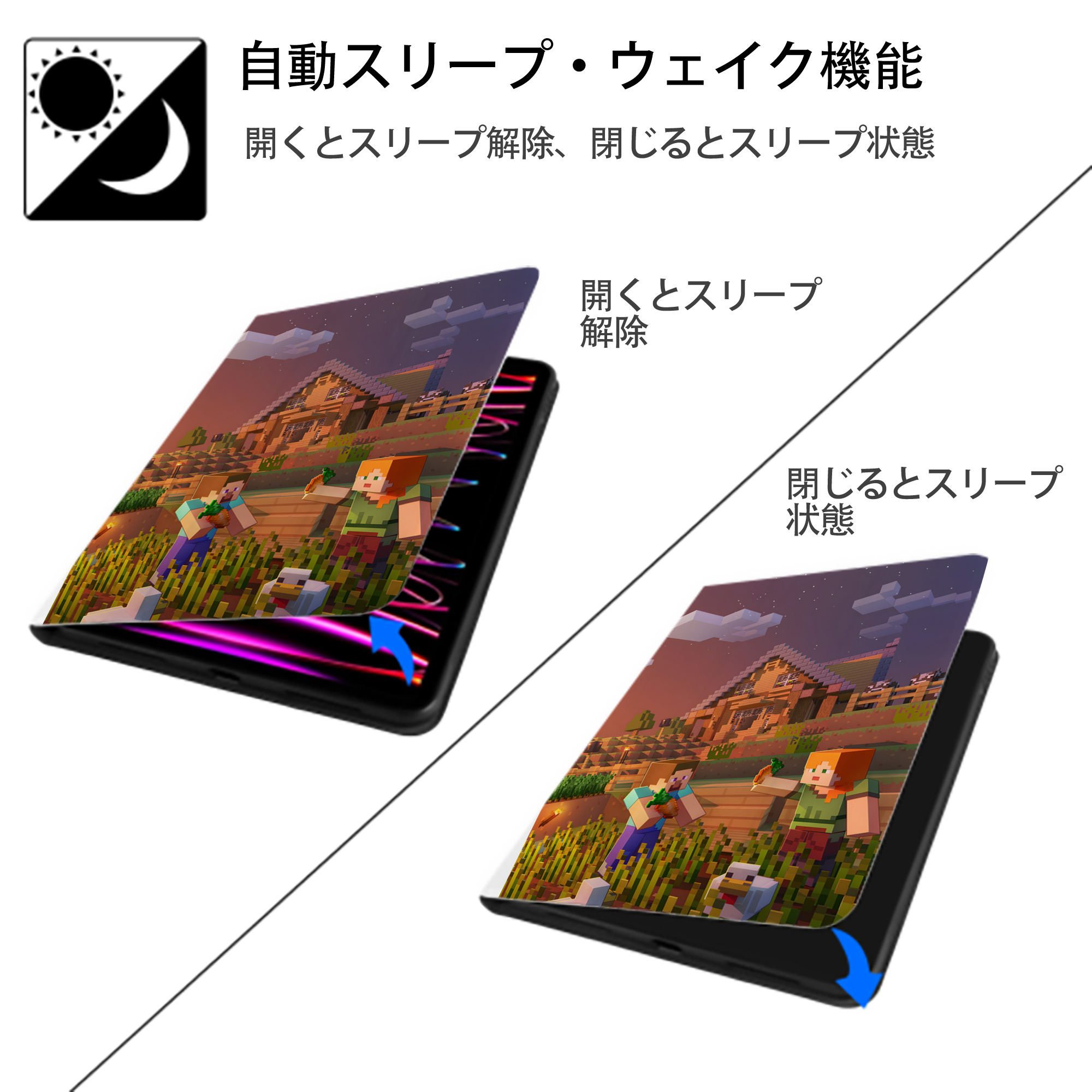 マインクラフト ブロックの世界 Minecraft MC Block world IPad ケース ペン収納付き 三つ折りスタンド PUレザー×シリコン 対応機種9.5/10.5/10.9インチ