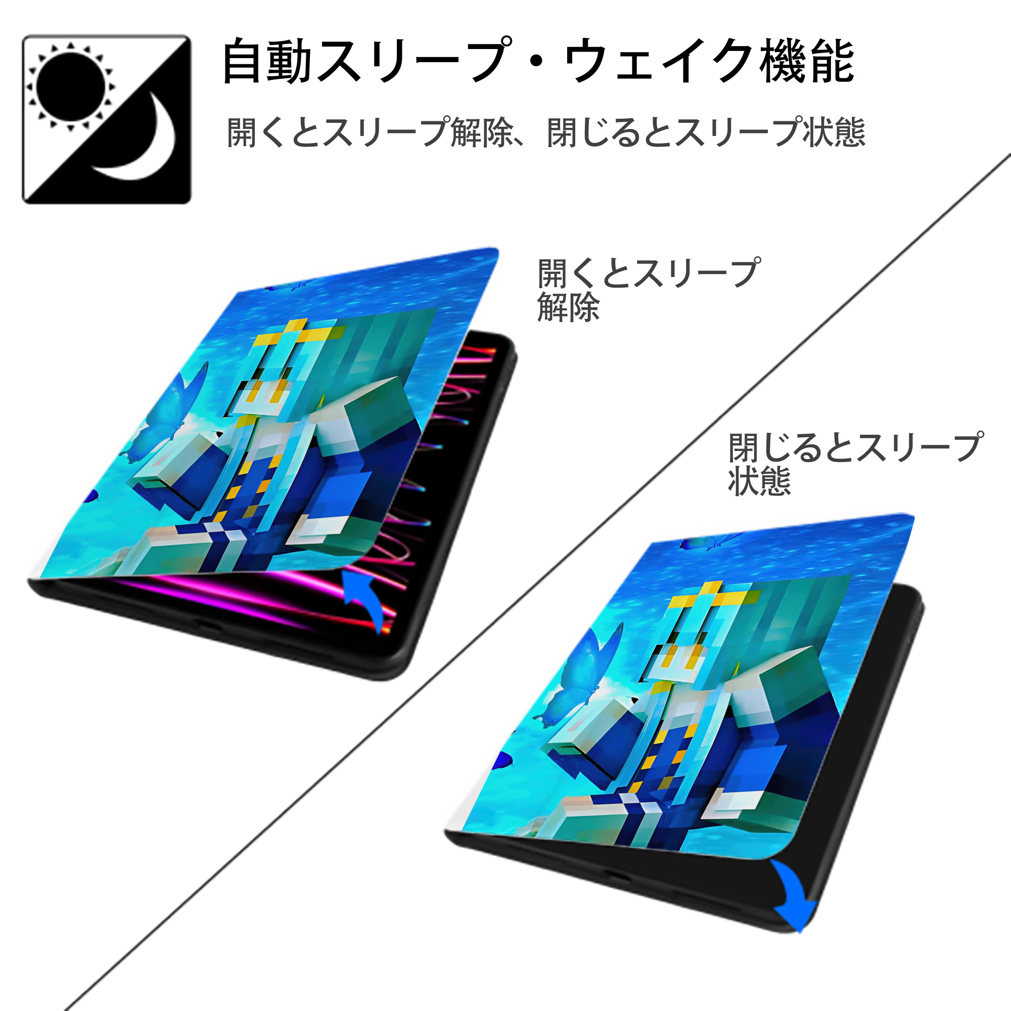マインクラフト ブロックの世界 Minecraft MC Block world IPad ケース ペン収納付き 三つ折りスタンド PUレザー×シリコン 対応機種9.5/10.5/10.9インチ