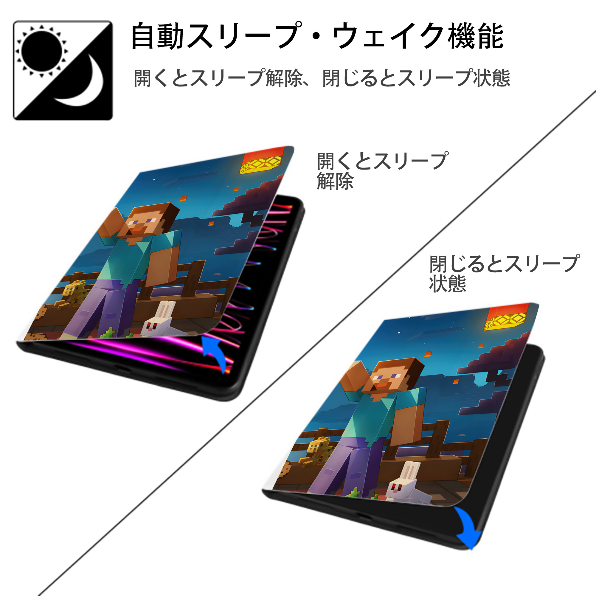 マインクラフト ブロックの世界 Minecraft MC Block world IPad ケース ペン収納付き 三つ折りスタンド PUレザー×シリコン 対応機種9.5/10.5/10.9インチ