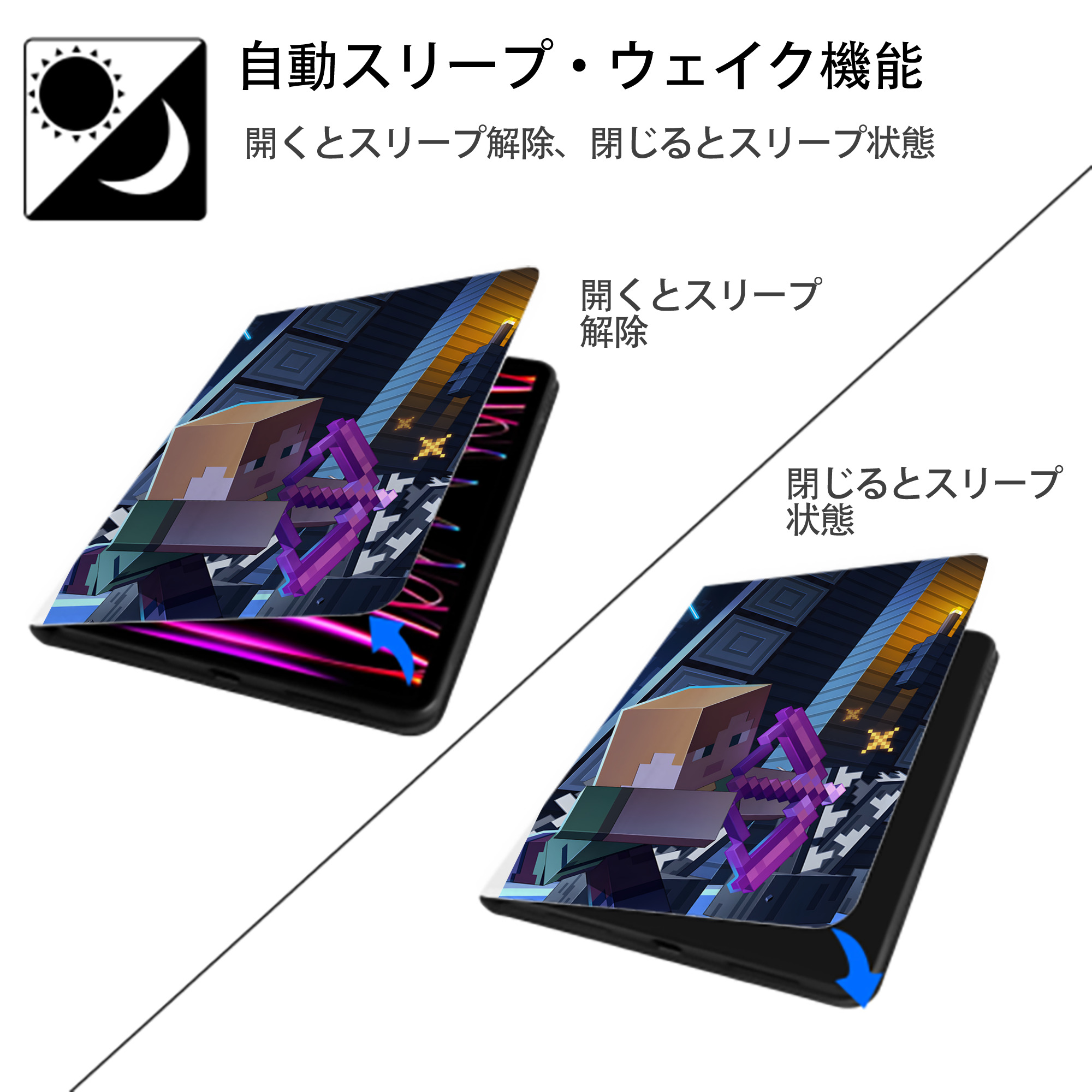 マインクラフト ブロックの世界 Minecraft MC Block world IPad ケース ペン収納付き 三つ折りスタンド PUレザー×シリコン 対応機種9.5/10.5/10.9インチ
