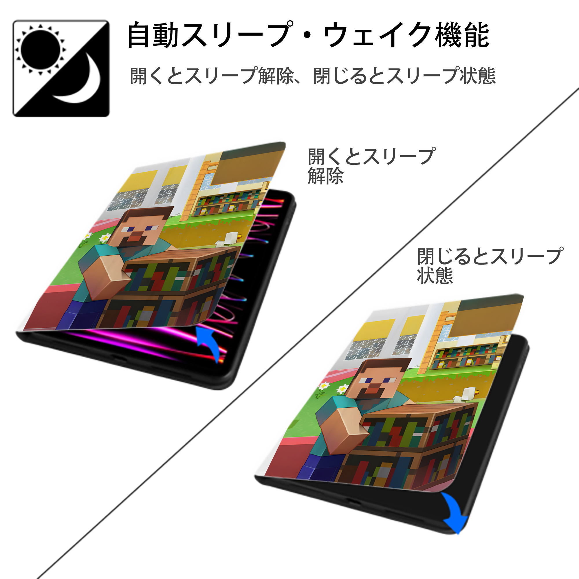 マインクラフト ブロックの世界 Minecraft MC Block world IPad ケース ペン収納付き 三つ折りスタンド PUレザー×シリコン 対応機種9.5/10.5/10.9インチ