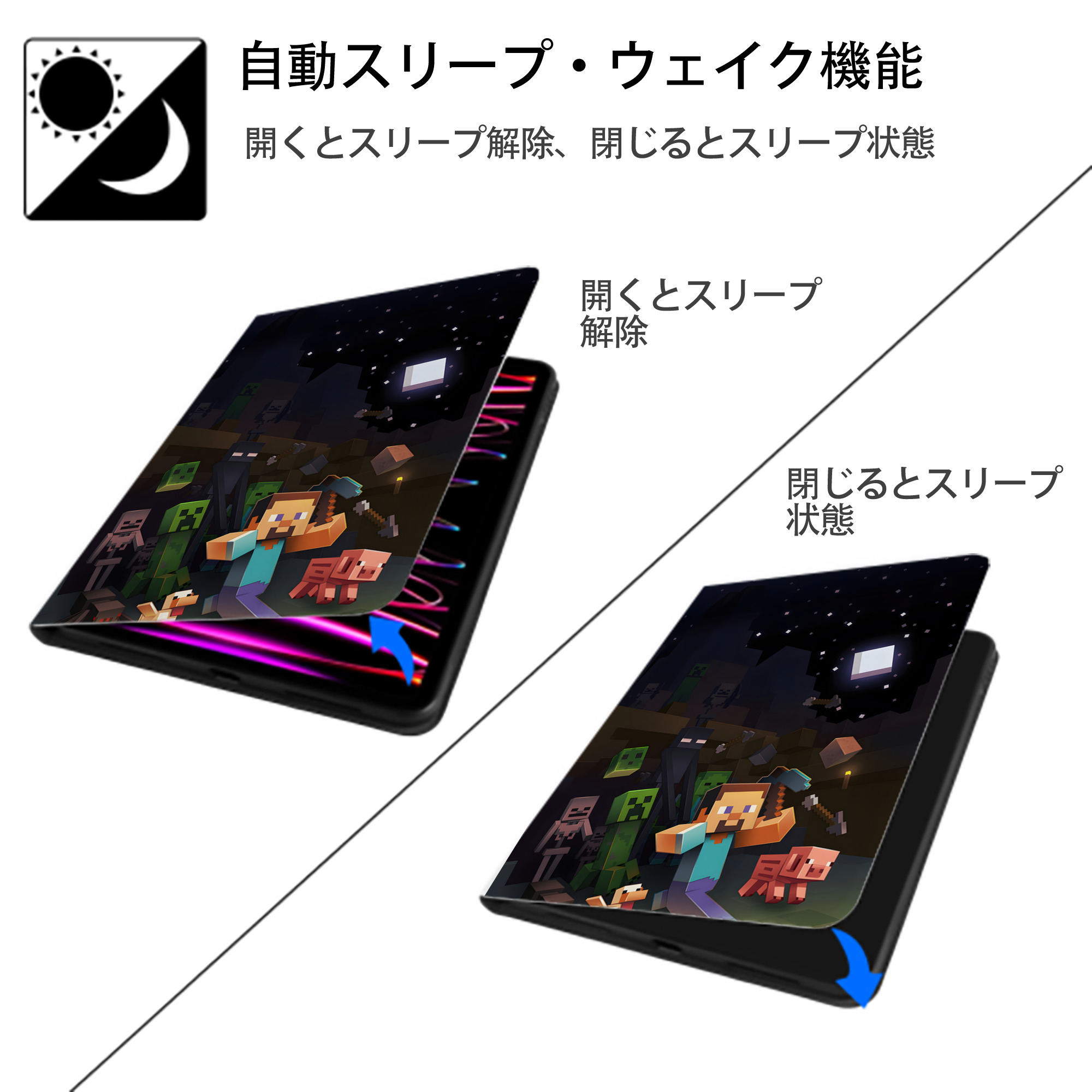 マインクラフト ブロックの世界 Minecraft MC Block world IPad ケース ペン収納付き 三つ折りスタンド PUレザー×シリコン 対応機種9.5/10.5/10.9インチ