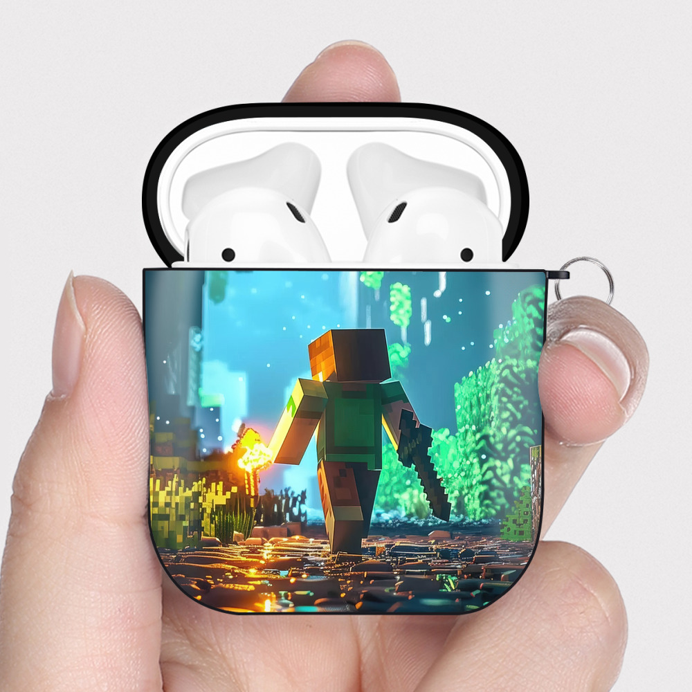 （画像用） マインクラフト ブロックの世界 Minecraft MC Block world AirPods 第2世代保護ケース ハードシェル ブラック 耐衝撃・防指紋・カラビナ付き