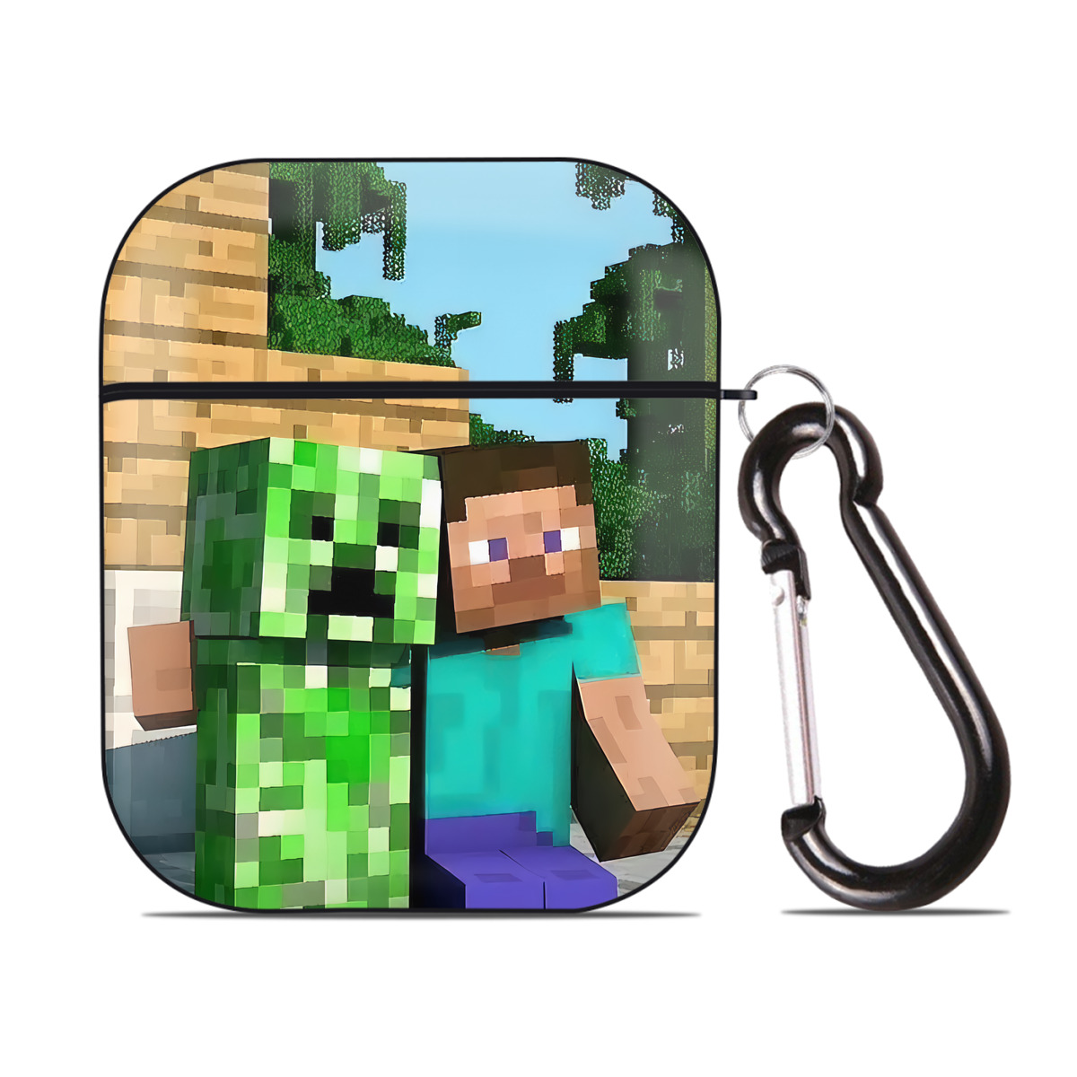 （画像用） マインクラフト ブロックの世界 Minecraft MC Block world AirPods 第2世代保護ケース ハードシェル ブラック 耐衝撃・防指紋・カラビナ付き