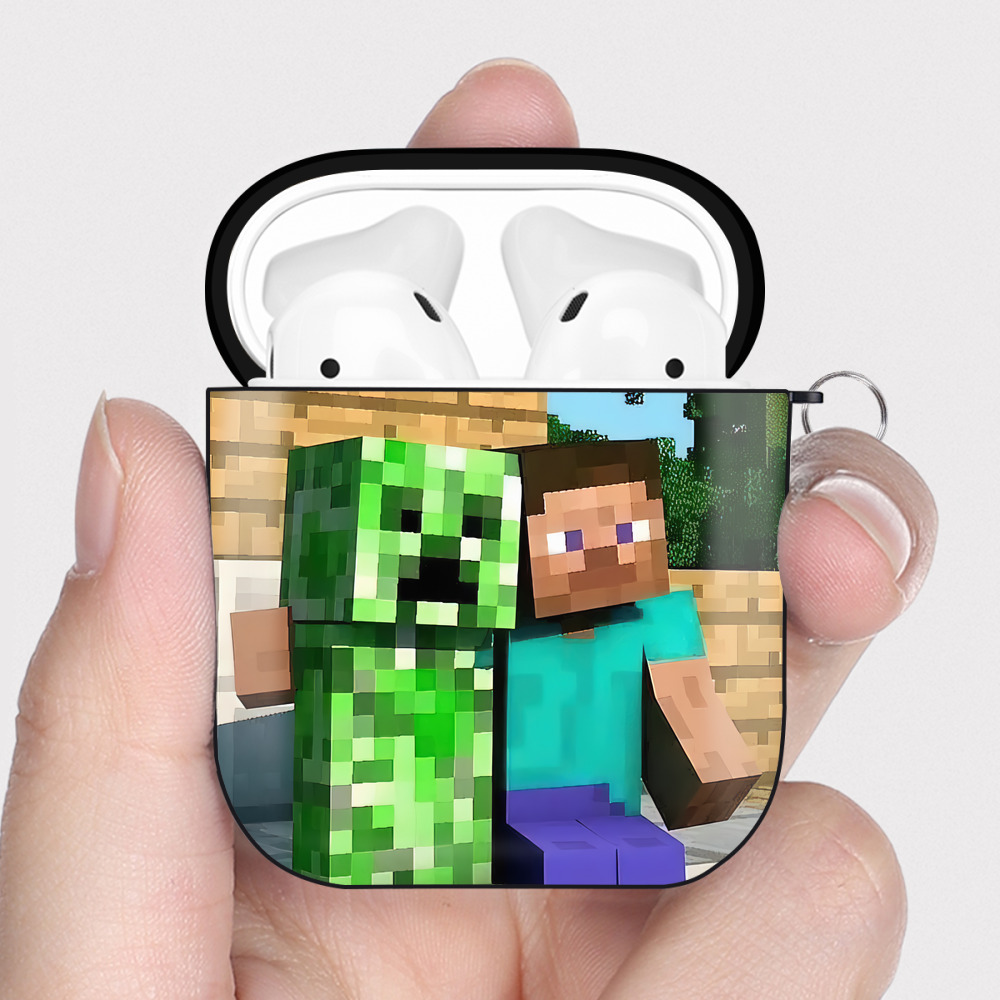 （画像用） マインクラフト ブロックの世界 Minecraft MC Block world AirPods 第2世代保護ケース ハードシェル ブラック 耐衝撃・防指紋・カラビナ付き