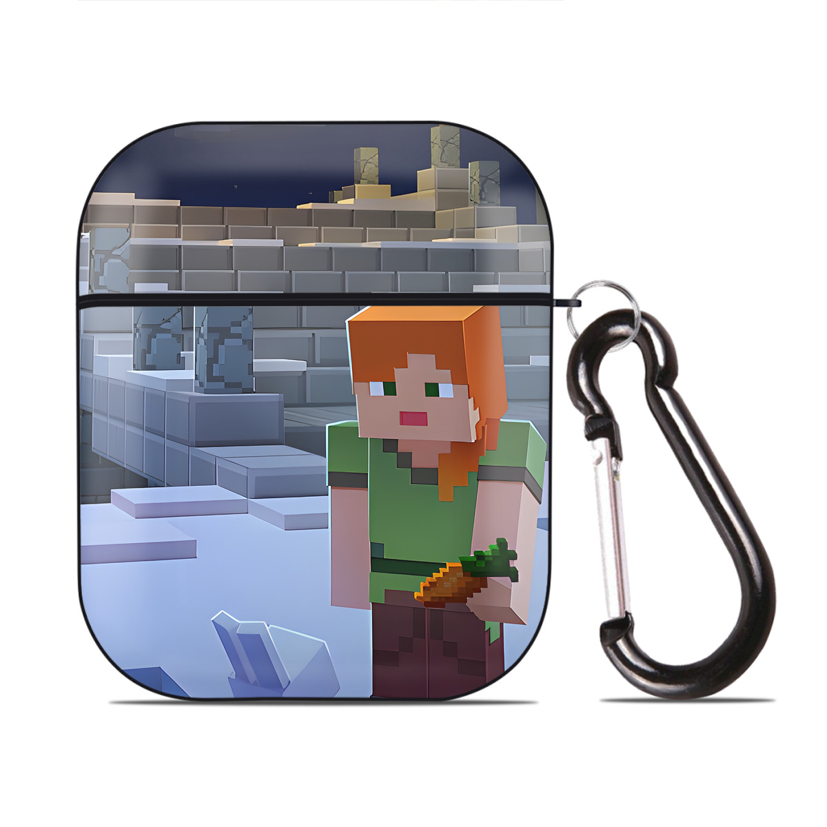（画像用） マインクラフト ブロックの世界 Minecraft MC Block world AirPods 第2世代保護ケース ハードシェル ブラック 耐衝撃・防指紋・カラビナ付き