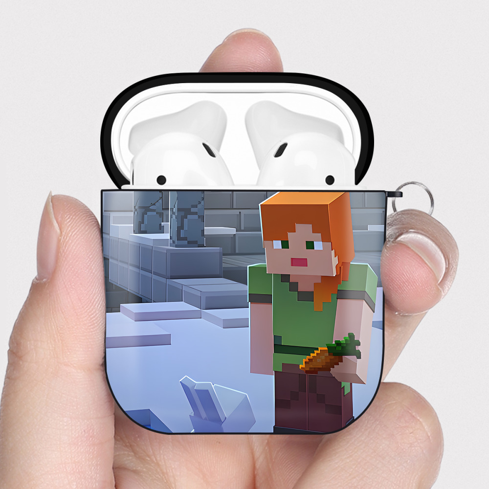 （画像用） マインクラフト ブロックの世界 Minecraft MC Block world AirPods 第2世代保護ケース ハードシェル ブラック 耐衝撃・防指紋・カラビナ付き