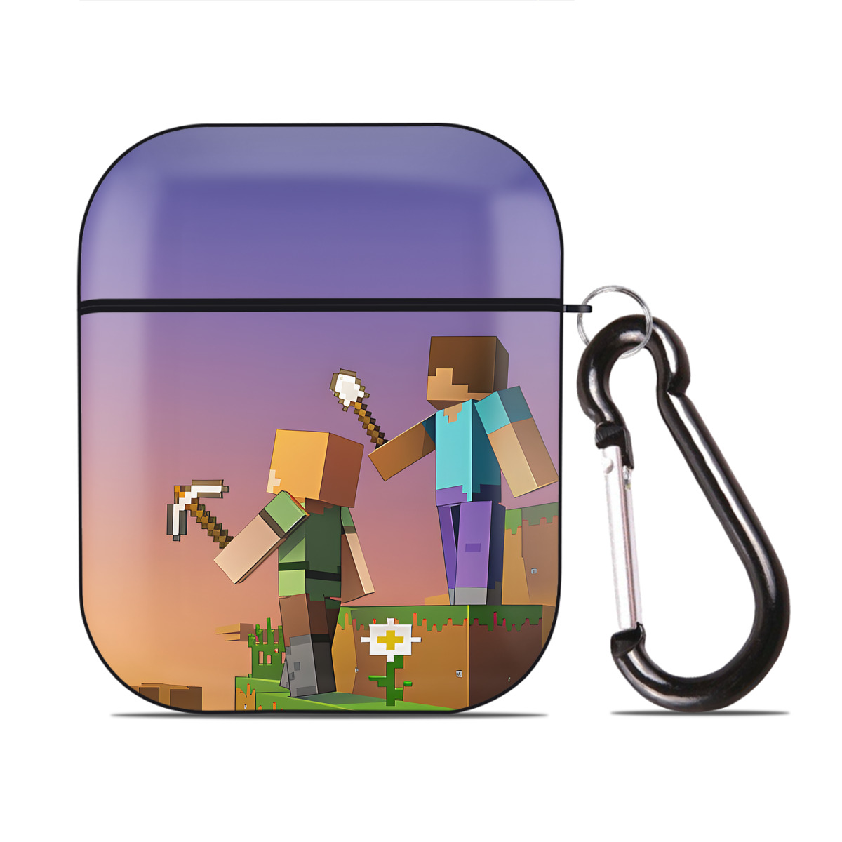 （画像用） マインクラフト ブロックの世界 Minecraft MC Block world AirPods 第2世代保護ケース ハードシェル ブラック 耐衝撃・防指紋・カラビナ付き