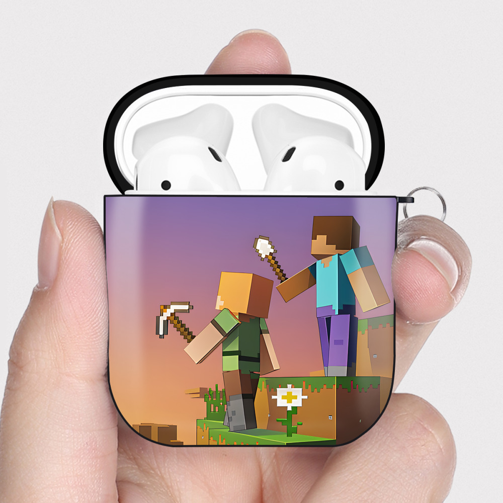 （画像用） マインクラフト ブロックの世界 Minecraft MC Block world AirPods 第2世代保護ケース ハードシェル ブラック 耐衝撃・防指紋・カラビナ付き