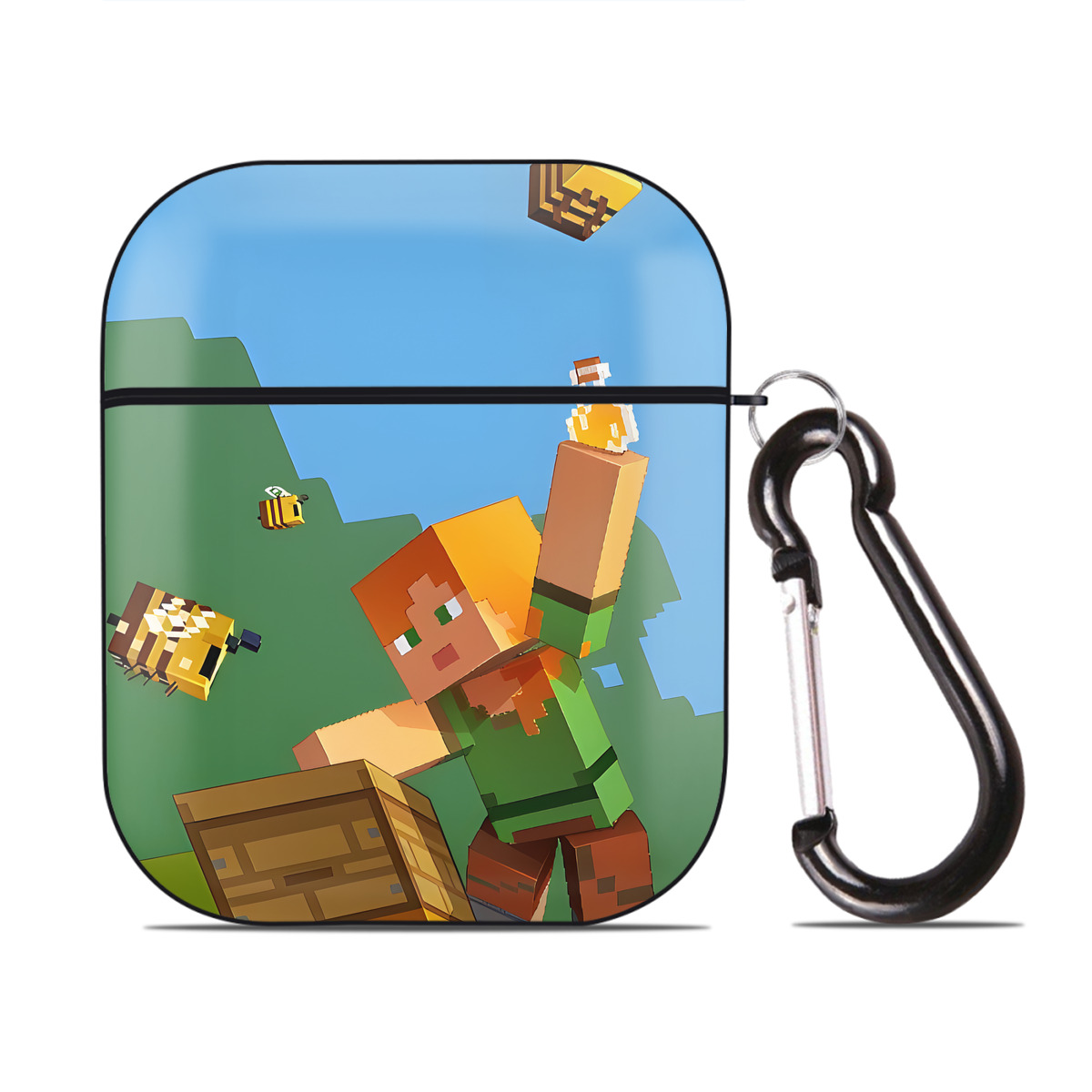 （画像用） マインクラフト ブロックの世界 Minecraft MC Block world AirPods 第2世代保護ケース ハードシェル ブラック 耐衝撃・防指紋・カラビナ付き