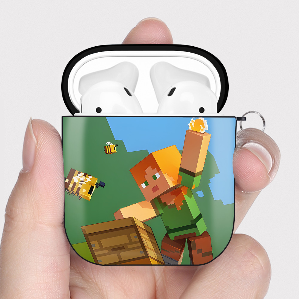 （画像用） マインクラフト ブロックの世界 Minecraft MC Block world AirPods 第2世代保護ケース ハードシェル ブラック 耐衝撃・防指紋・カラビナ付き