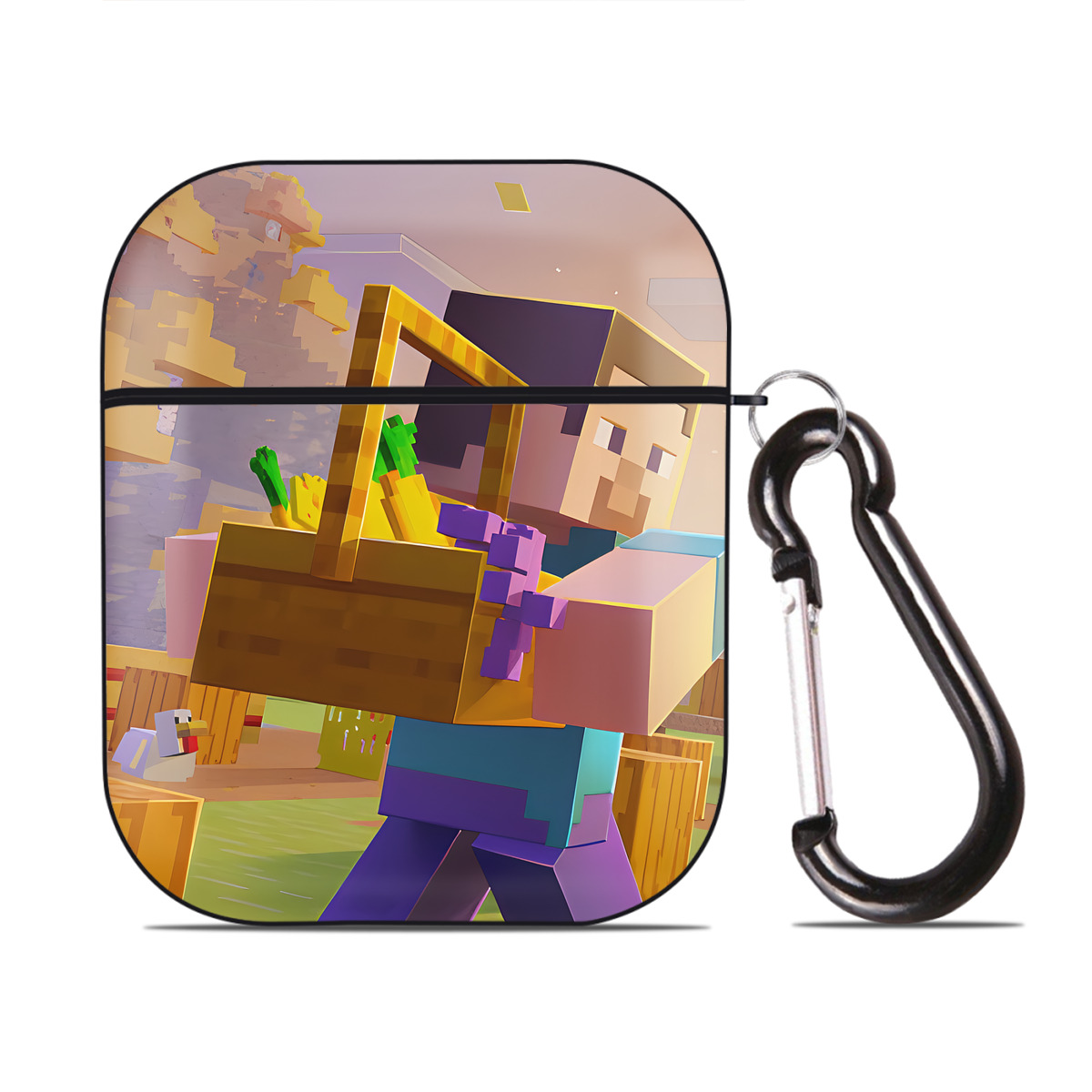 （画像用） マインクラフト ブロックの世界 Minecraft MC Block world AirPods 第2世代保護ケース ハードシェル ブラック 耐衝撃・防指紋・カラビナ付き