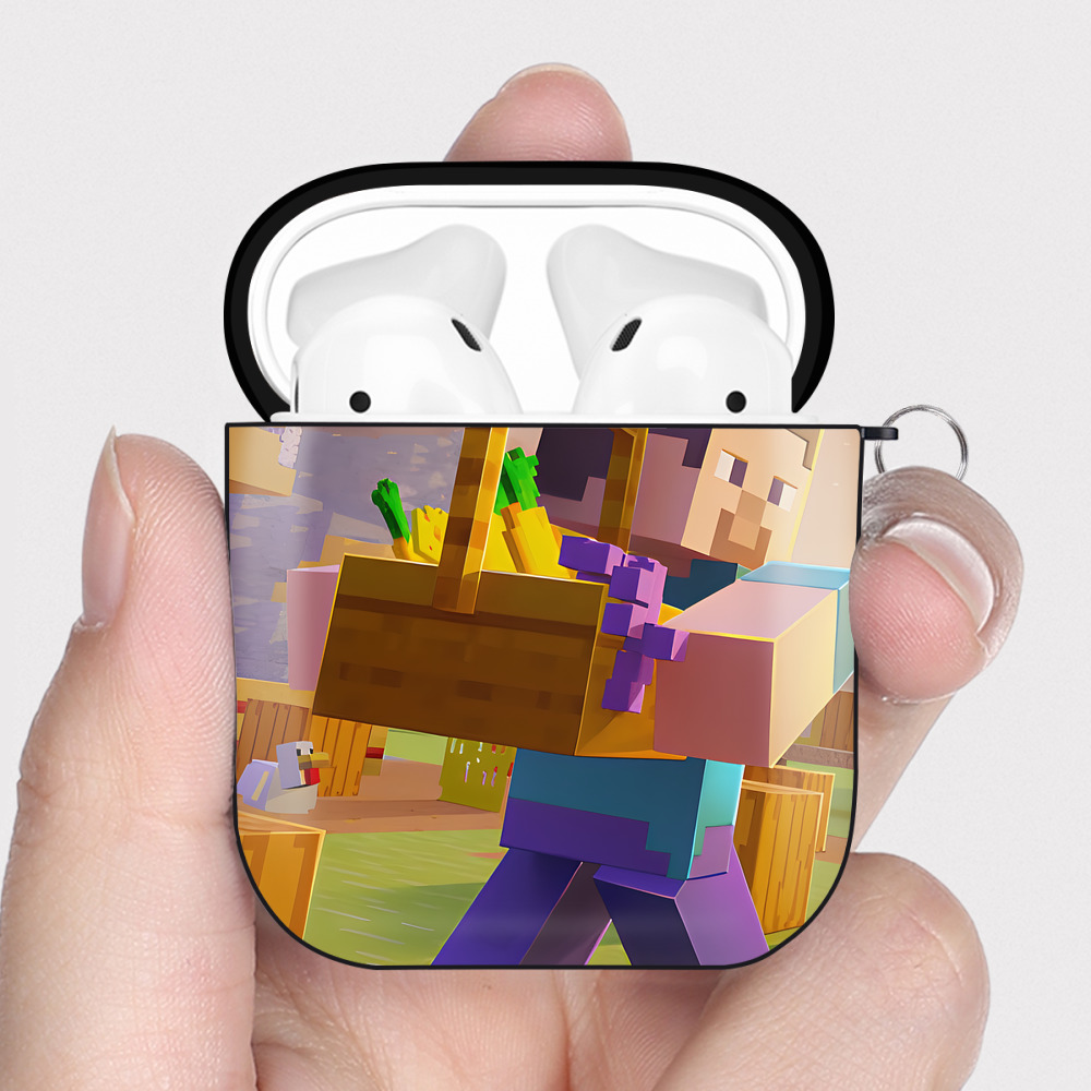 （画像用） マインクラフト ブロックの世界 Minecraft MC Block world AirPods 第2世代保護ケース ハードシェル ブラック 耐衝撃・防指紋・カラビナ付き