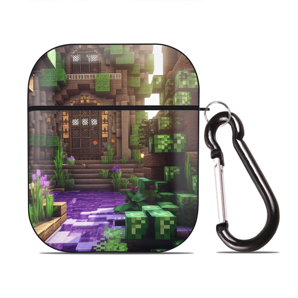 （画像用） マインクラフト ブロックの世界 Minecraft MC Block world AirPods 第2世代保護ケース ハードシェル ブラック 耐衝撃・防指紋・カラビナ付き