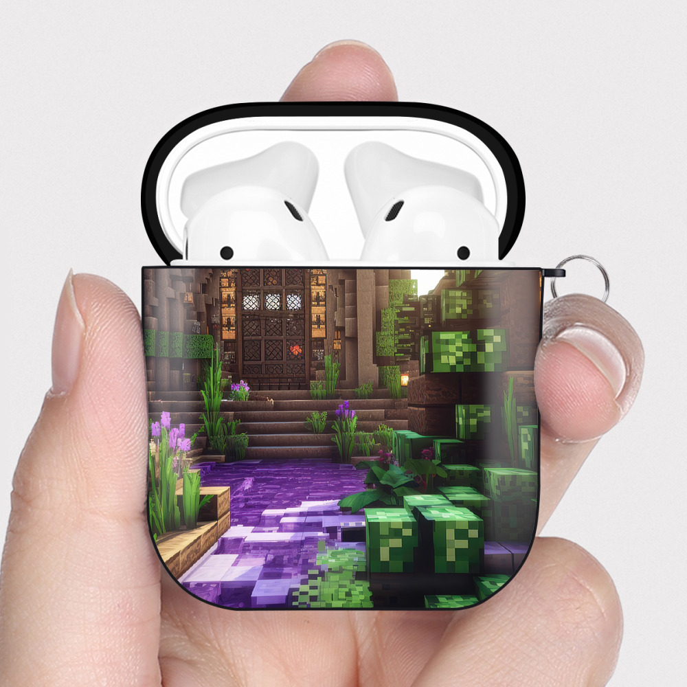 （画像用） マインクラフト ブロックの世界 Minecraft MC Block world AirPods 第2世代保護ケース ハードシェル ブラック 耐衝撃・防指紋・カラビナ付き