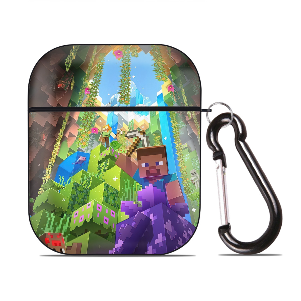 （画像用） マインクラフト ブロックの世界 Minecraft MC Block world AirPods 第2世代保護ケース ハードシェル ブラック 耐衝撃・防指紋・カラビナ付き
