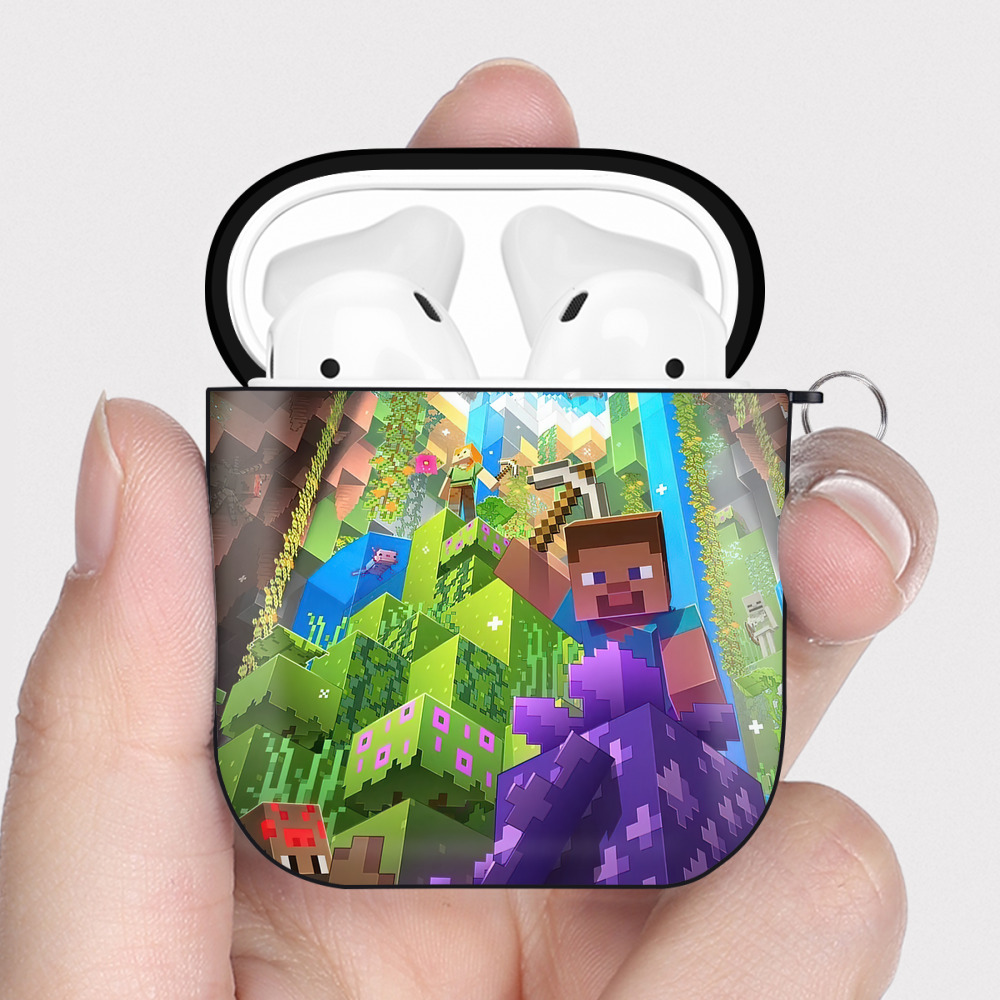 （画像用） マインクラフト ブロックの世界 Minecraft MC Block world AirPods 第2世代保護ケース ハードシェル ブラック 耐衝撃・防指紋・カラビナ付き