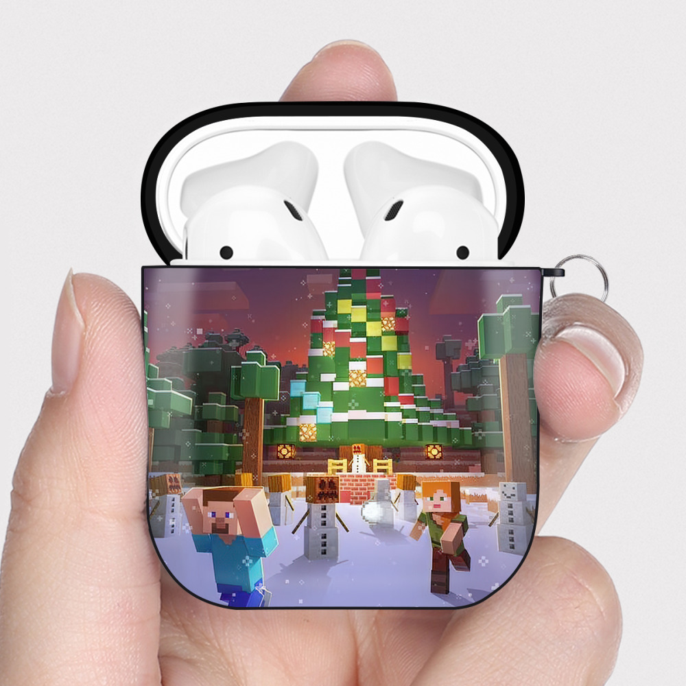 （画像用） マインクラフト ブロックの世界 Minecraft MC Block world AirPods 第2世代保護ケース ハードシェル ブラック 耐衝撃・防指紋・カラビナ付き
