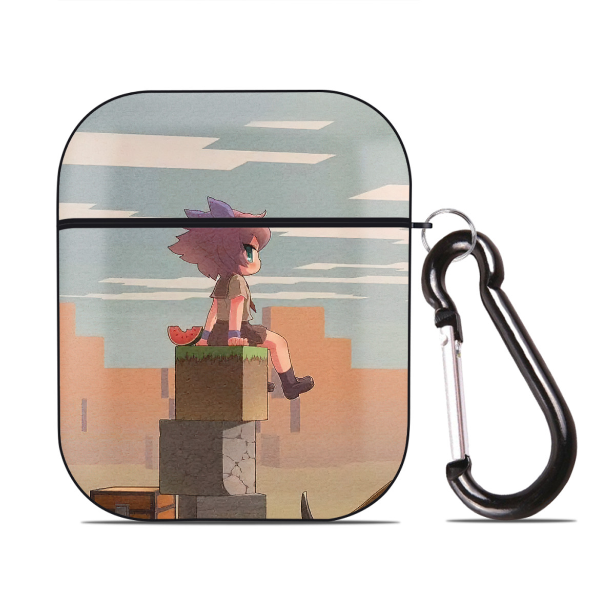（画像用） マインクラフト ブロックの世界 Minecraft MC Block world AirPods 第2世代保護ケース ハードシェル ブラック 耐衝撃・防指紋・カラビナ付き