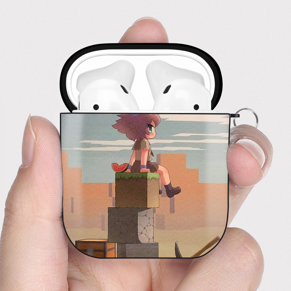 （画像用） マインクラフト ブロックの世界 Minecraft MC Block world AirPods 第2世代保護ケース ハードシェル ブラック 耐衝撃・防指紋・カラビナ付き