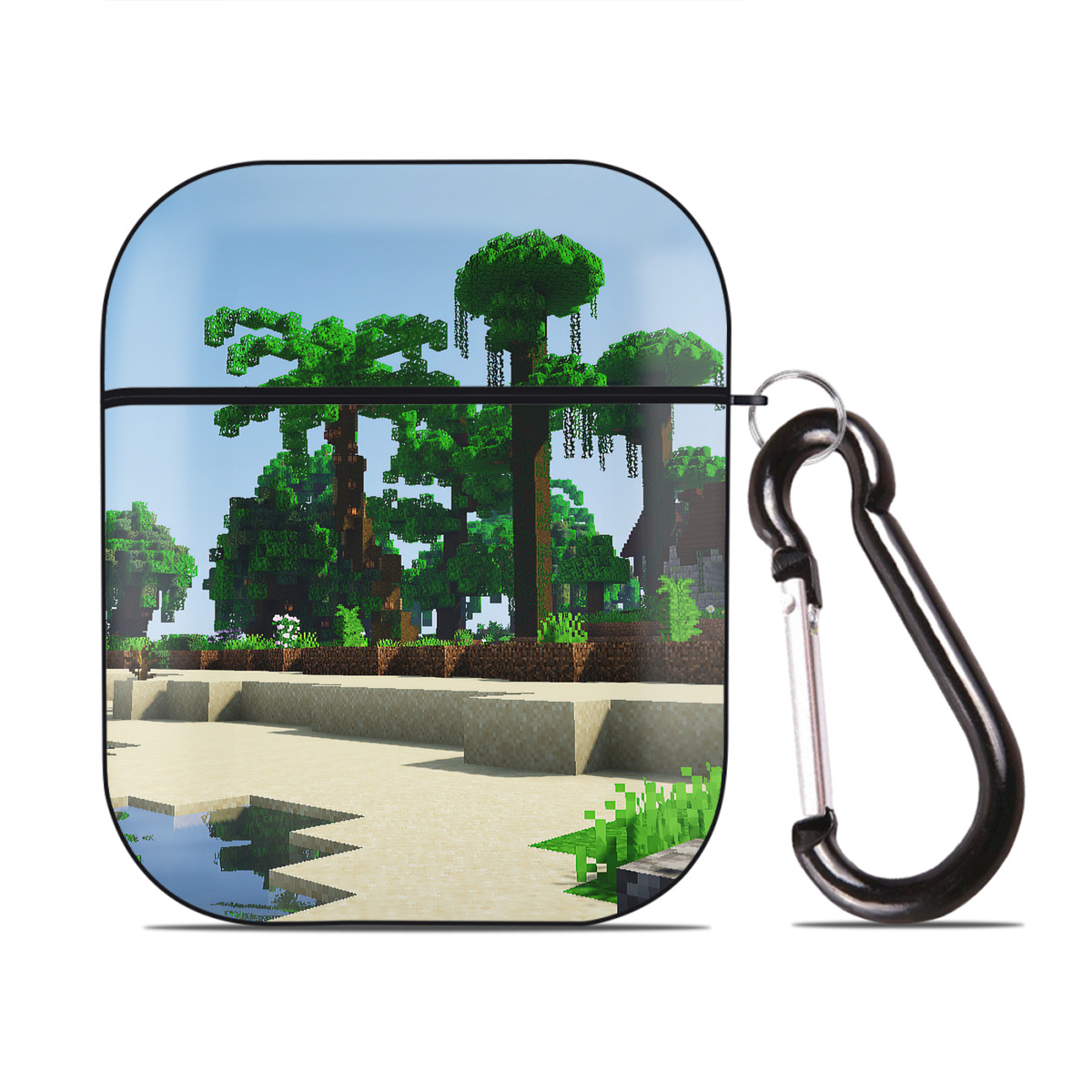 （画像用） マインクラフト ブロックの世界 Minecraft MC Block world AirPods 第2世代保護ケース ハードシェル ブラック 耐衝撃・防指紋・カラビナ付き