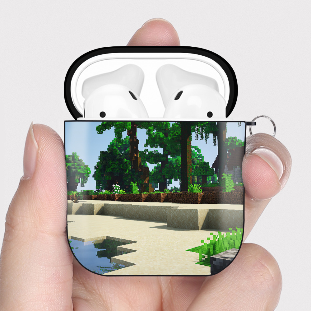（画像用） マインクラフト ブロックの世界 Minecraft MC Block world AirPods 第2世代保護ケース ハードシェル ブラック 耐衝撃・防指紋・カラビナ付き