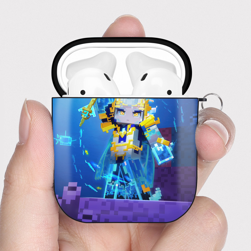 （画像用） マインクラフト ブロックの世界 Minecraft MC Block world AirPods 第2世代保護ケース ハードシェル ブラック 耐衝撃・防指紋・カラビナ付き