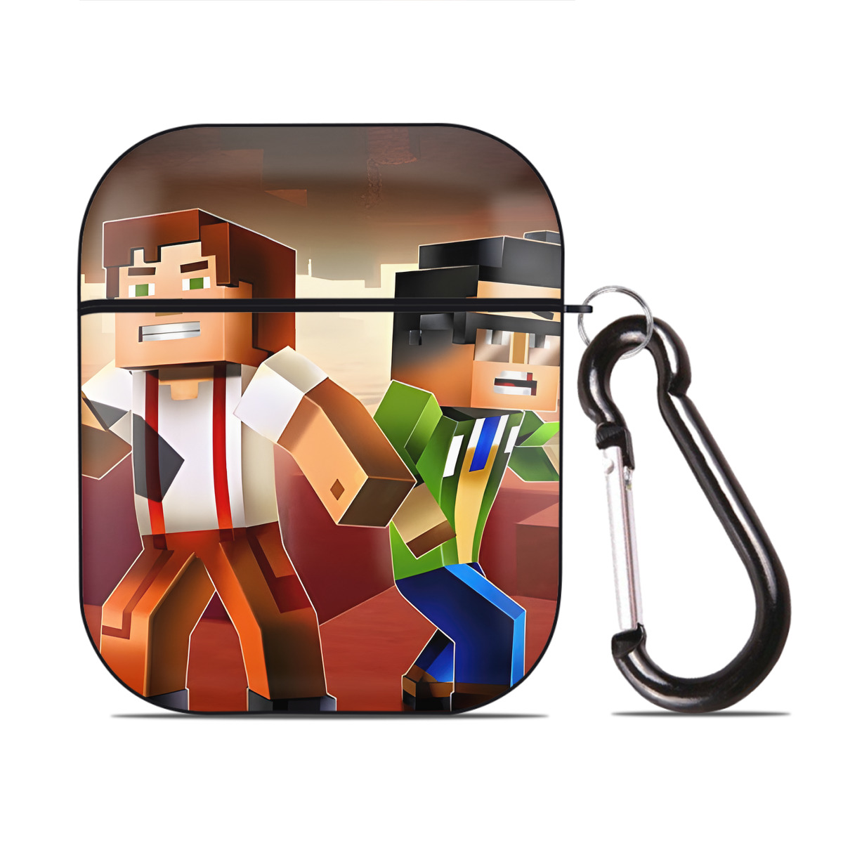 （画像用） マインクラフト ブロックの世界 Minecraft MC Block world AirPods 第2世代保護ケース ハードシェル ブラック 耐衝撃・防指紋・カラビナ付き