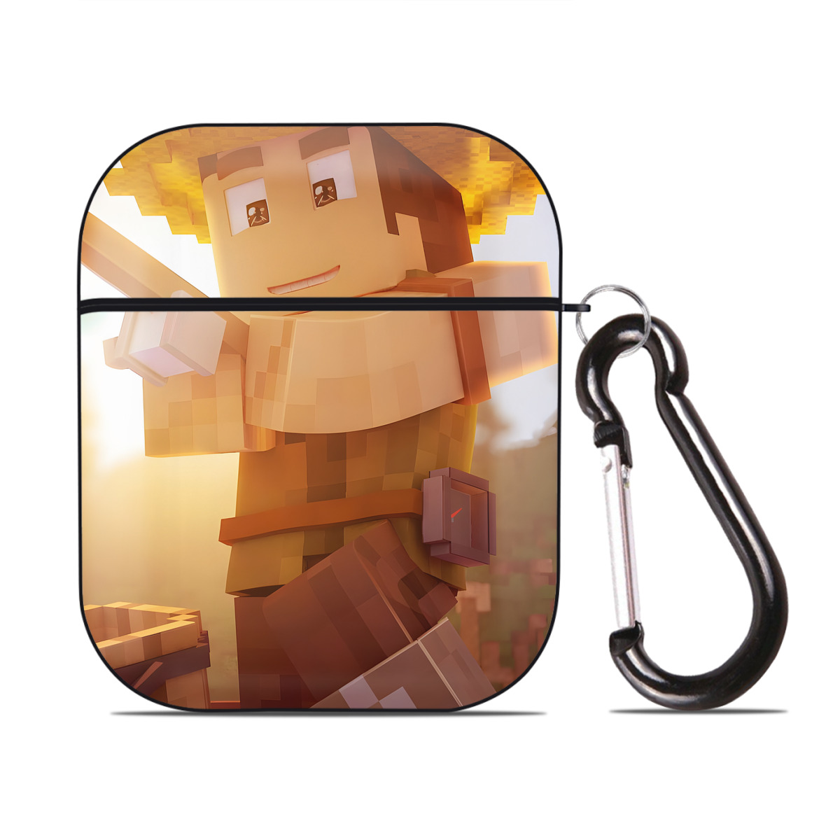 （画像用） マインクラフト ブロックの世界 Minecraft MC Block world AirPods 第2世代保護ケース ハードシェル ブラック 耐衝撃・防指紋・カラビナ付き