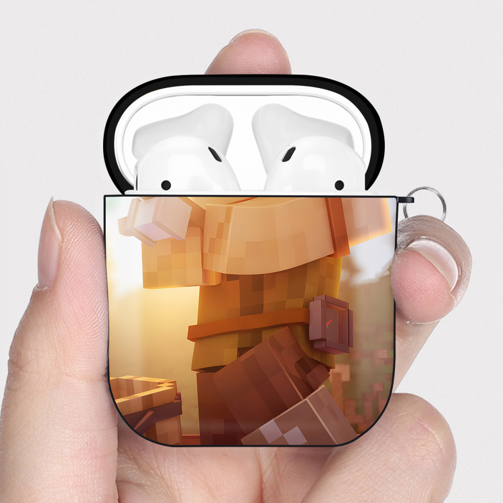 （画像用） マインクラフト ブロックの世界 Minecraft MC Block world AirPods 第2世代保護ケース ハードシェル ブラック 耐衝撃・防指紋・カラビナ付き