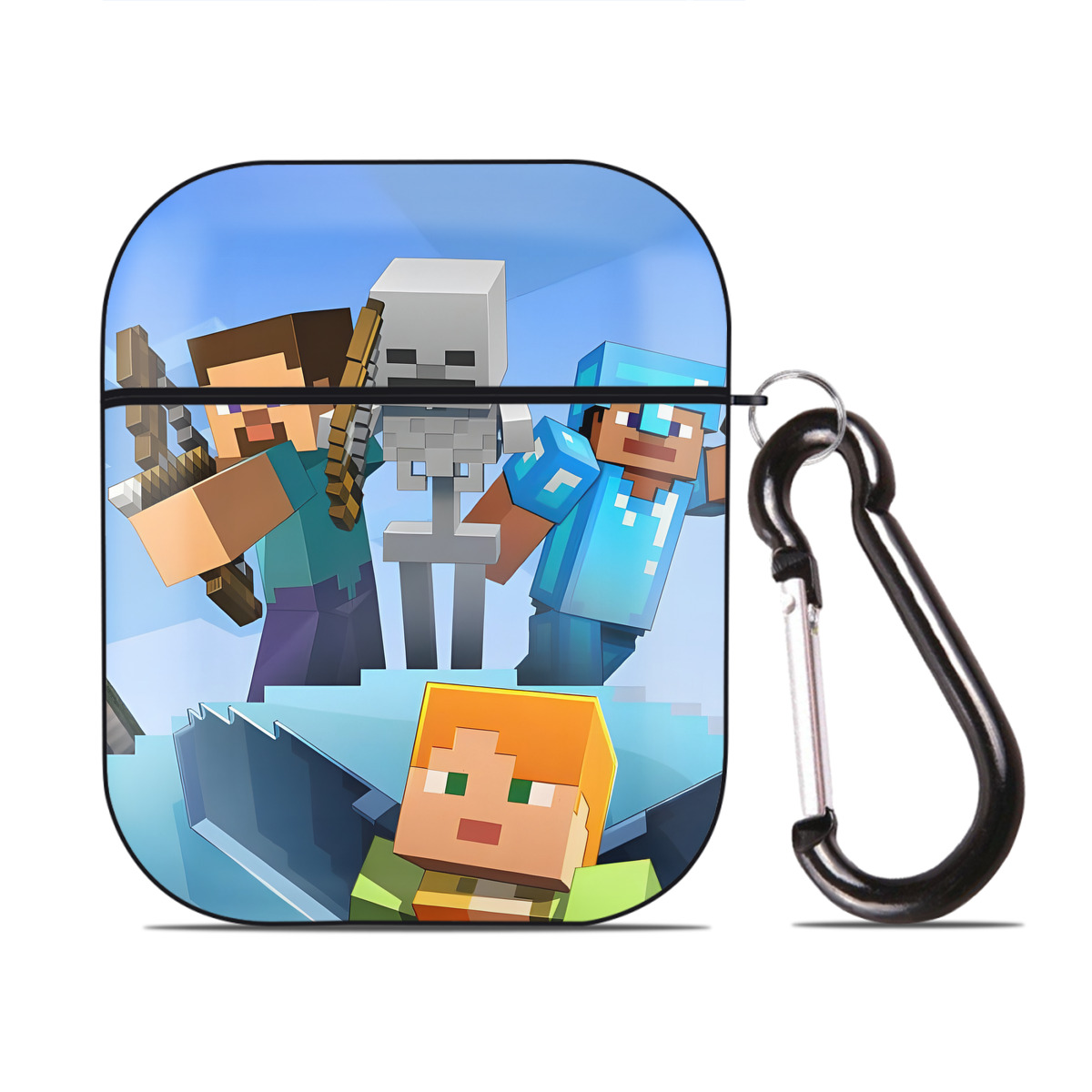 （画像用） マインクラフト ブロックの世界 Minecraft MC Block world AirPods 第2世代保護ケース ハードシェル ブラック 耐衝撃・防指紋・カラビナ付き
