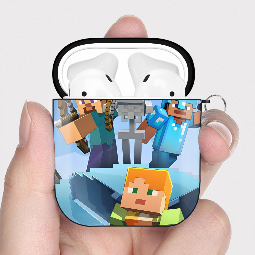 （画像用） マインクラフト ブロックの世界 Minecraft MC Block world AirPods 第2世代保護ケース ハードシェル ブラック 耐衝撃・防指紋・カラビナ付き
