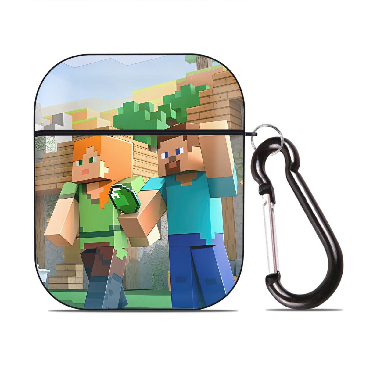 （画像用） マインクラフト ブロックの世界 Minecraft MC Block world AirPods 第2世代保護ケース ハードシェル ブラック 耐衝撃・防指紋・カラビナ付き