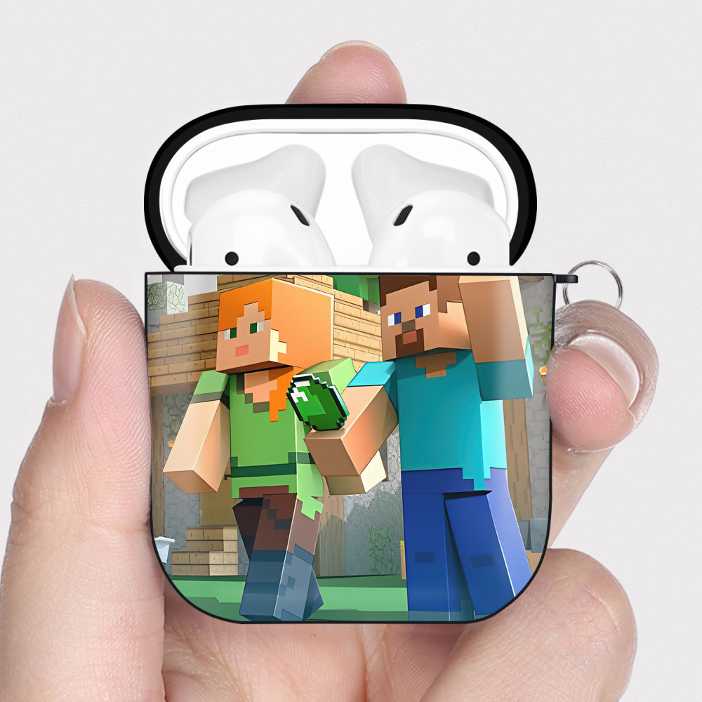 （画像用） マインクラフト ブロックの世界 Minecraft MC Block world AirPods 第2世代保護ケース ハードシェル ブラック 耐衝撃・防指紋・カラビナ付き