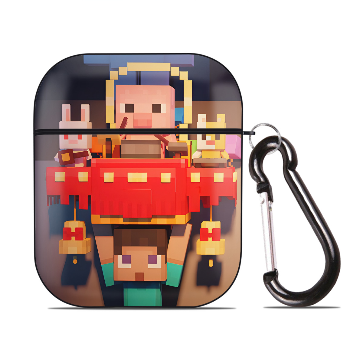 （画像用） マインクラフト ブロックの世界 Minecraft MC Block world AirPods 第2世代保護ケース ハードシェル ブラック 耐衝撃・防指紋・カラビナ付き