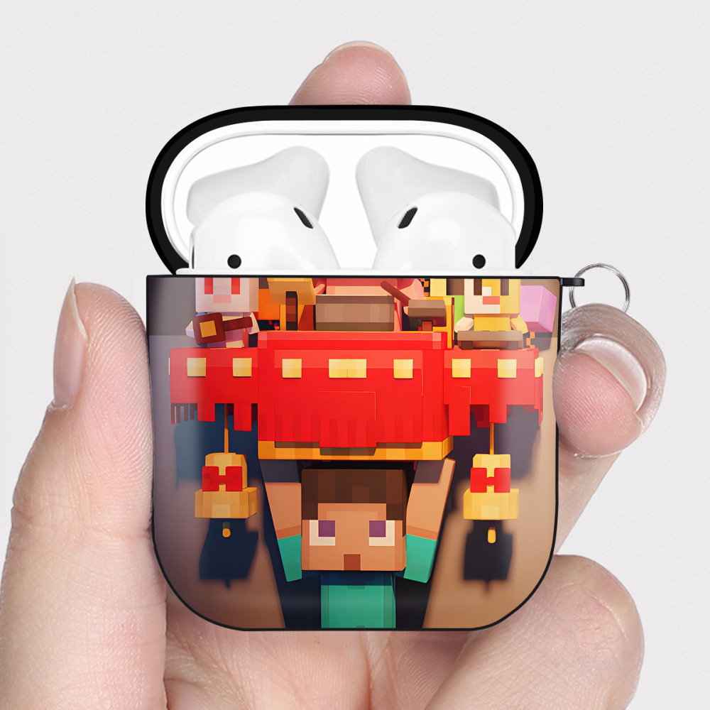 （画像用） マインクラフト ブロックの世界 Minecraft MC Block world AirPods 第2世代保護ケース ハードシェル ブラック 耐衝撃・防指紋・カラビナ付き