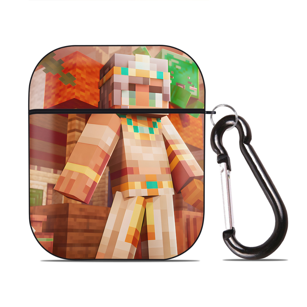 （画像用） マインクラフト ブロックの世界 Minecraft MC Block world AirPods 第2世代保護ケース ハードシェル ブラック 耐衝撃・防指紋・カラビナ付き