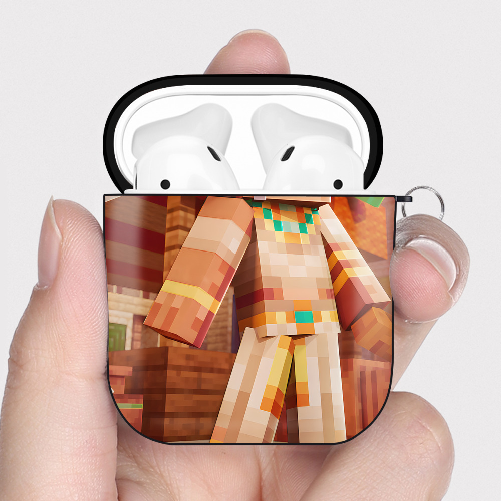 （画像用） マインクラフト ブロックの世界 Minecraft MC Block world AirPods 第2世代保護ケース ハードシェル ブラック 耐衝撃・防指紋・カラビナ付き