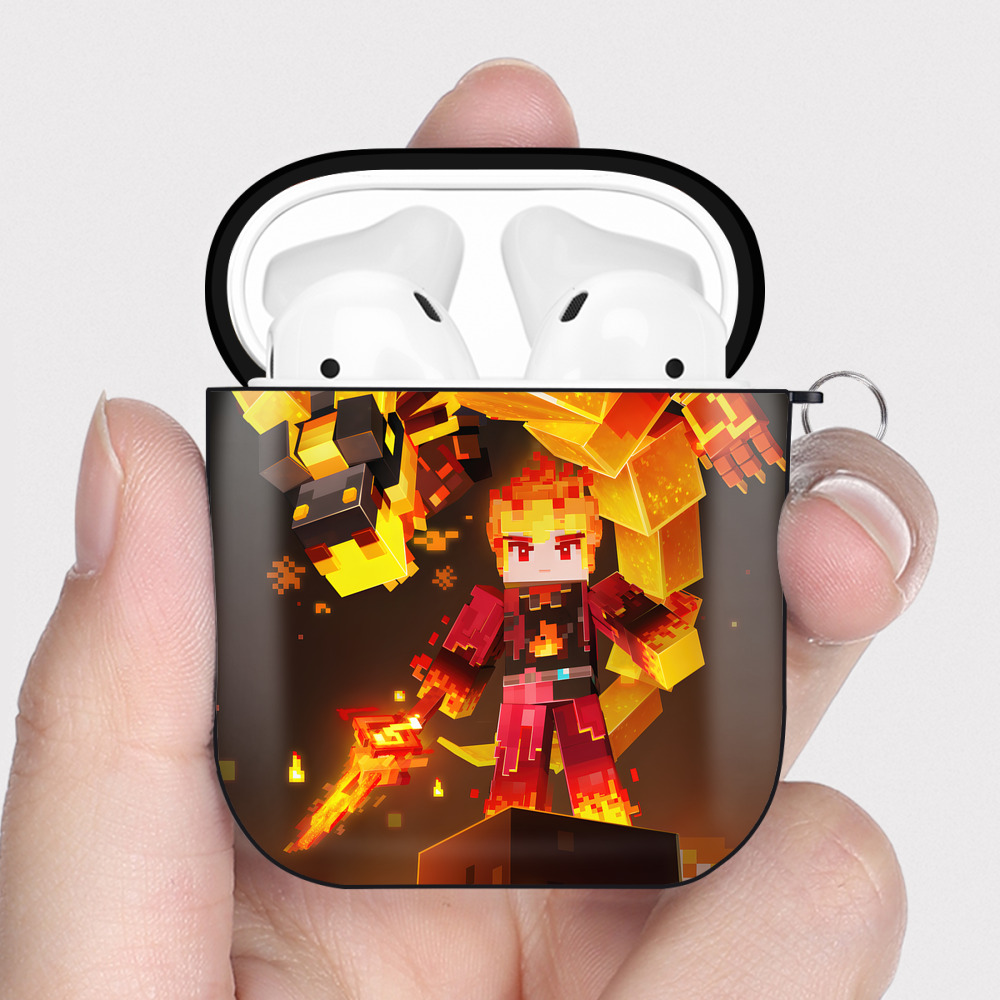 （画像用） マインクラフト ブロックの世界 Minecraft MC Block world AirPods 第2世代保護ケース ハードシェル ブラック 耐衝撃・防指紋・カラビナ付き