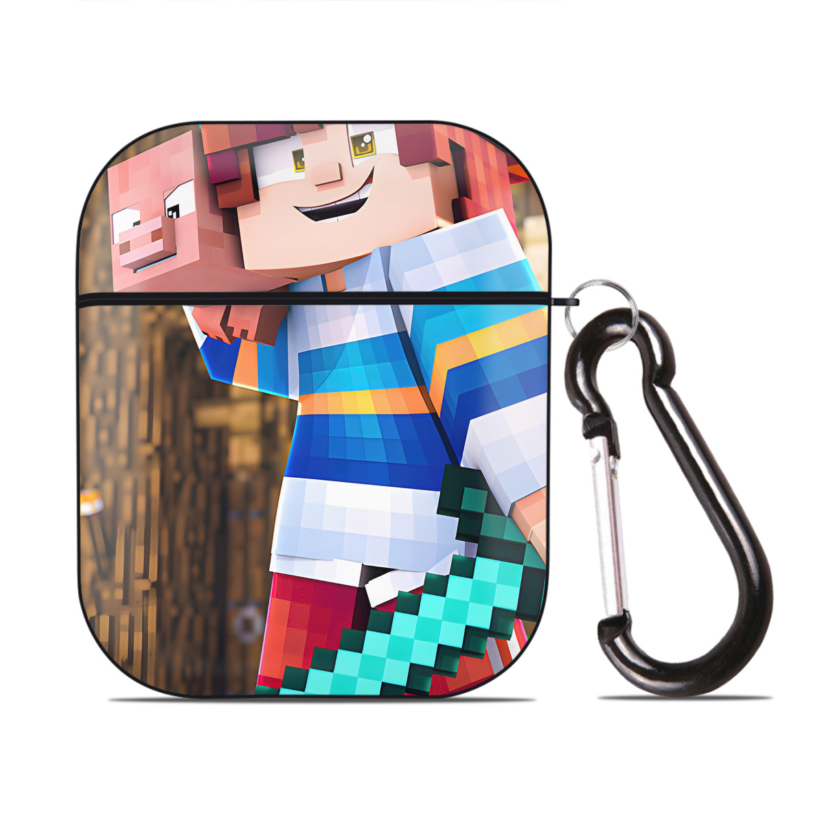 （画像用） マインクラフト ブロックの世界 Minecraft MC Block world AirPods 第2世代保護ケース ハードシェル ブラック 耐衝撃・防指紋・カラビナ付き